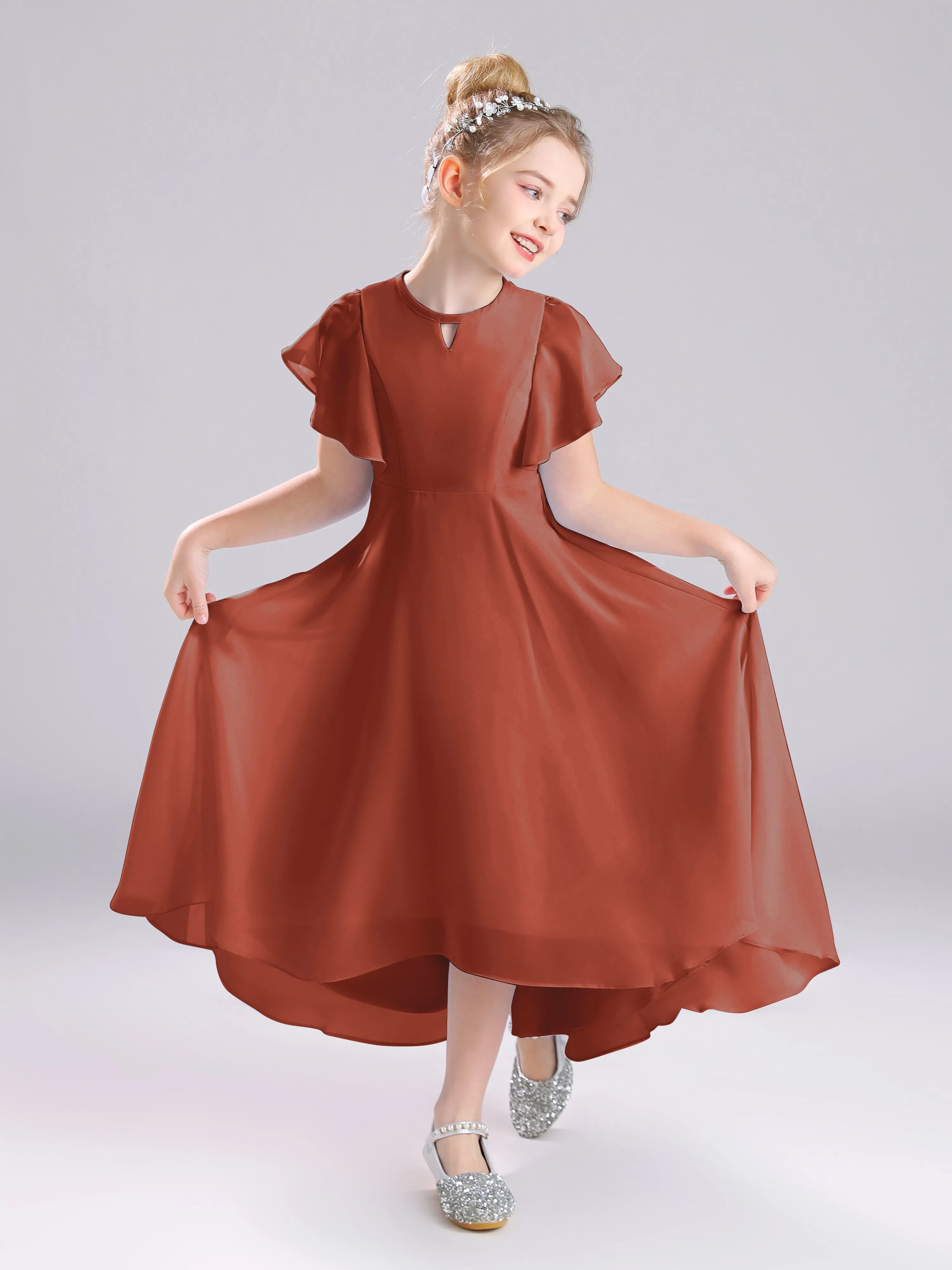 Ruffles Sleeves A-Line Long Chiffon Junior Bridesmaid Dresses