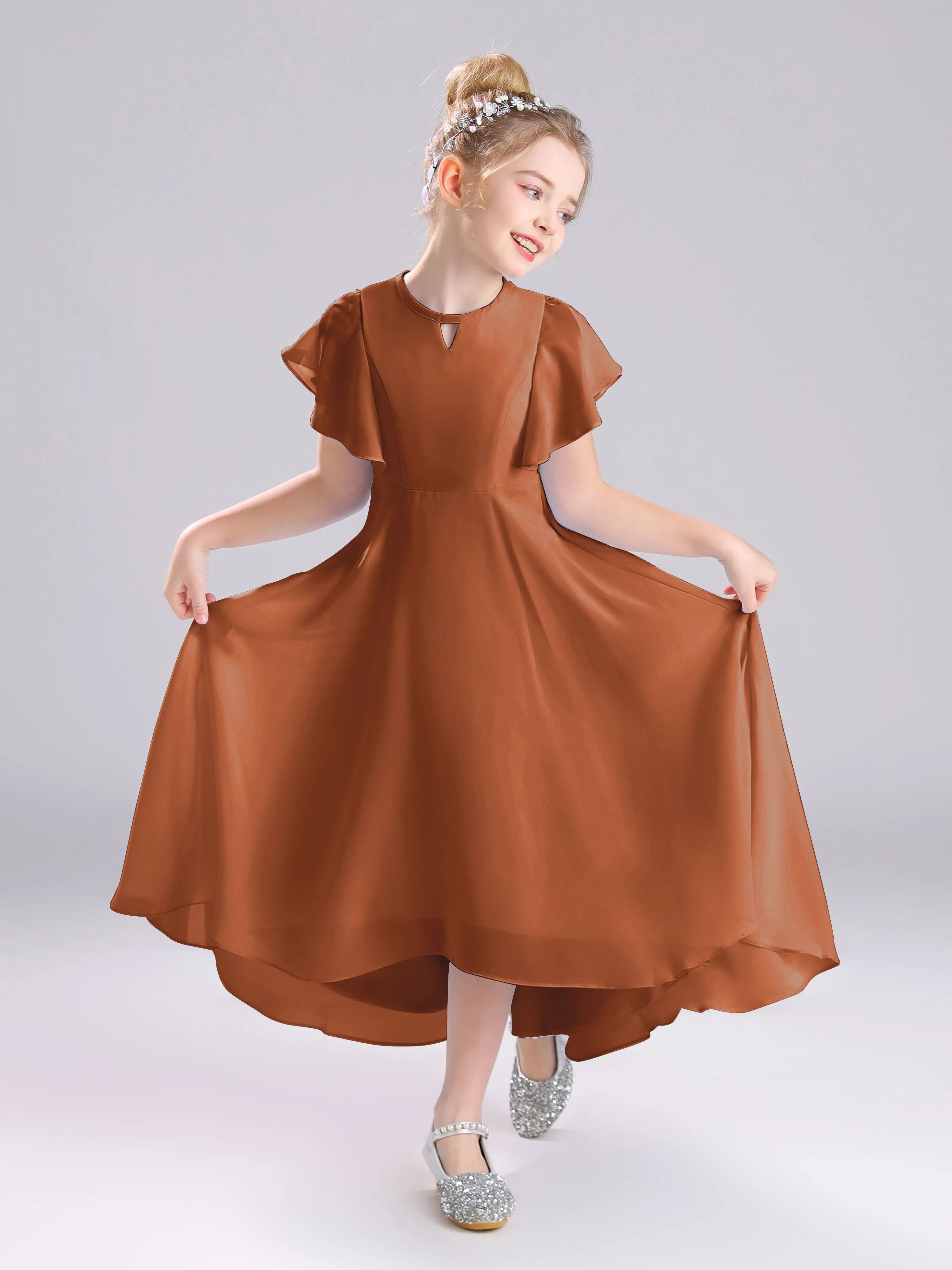 Ruffles Sleeves A-Line Long Chiffon Junior Bridesmaid Dresses