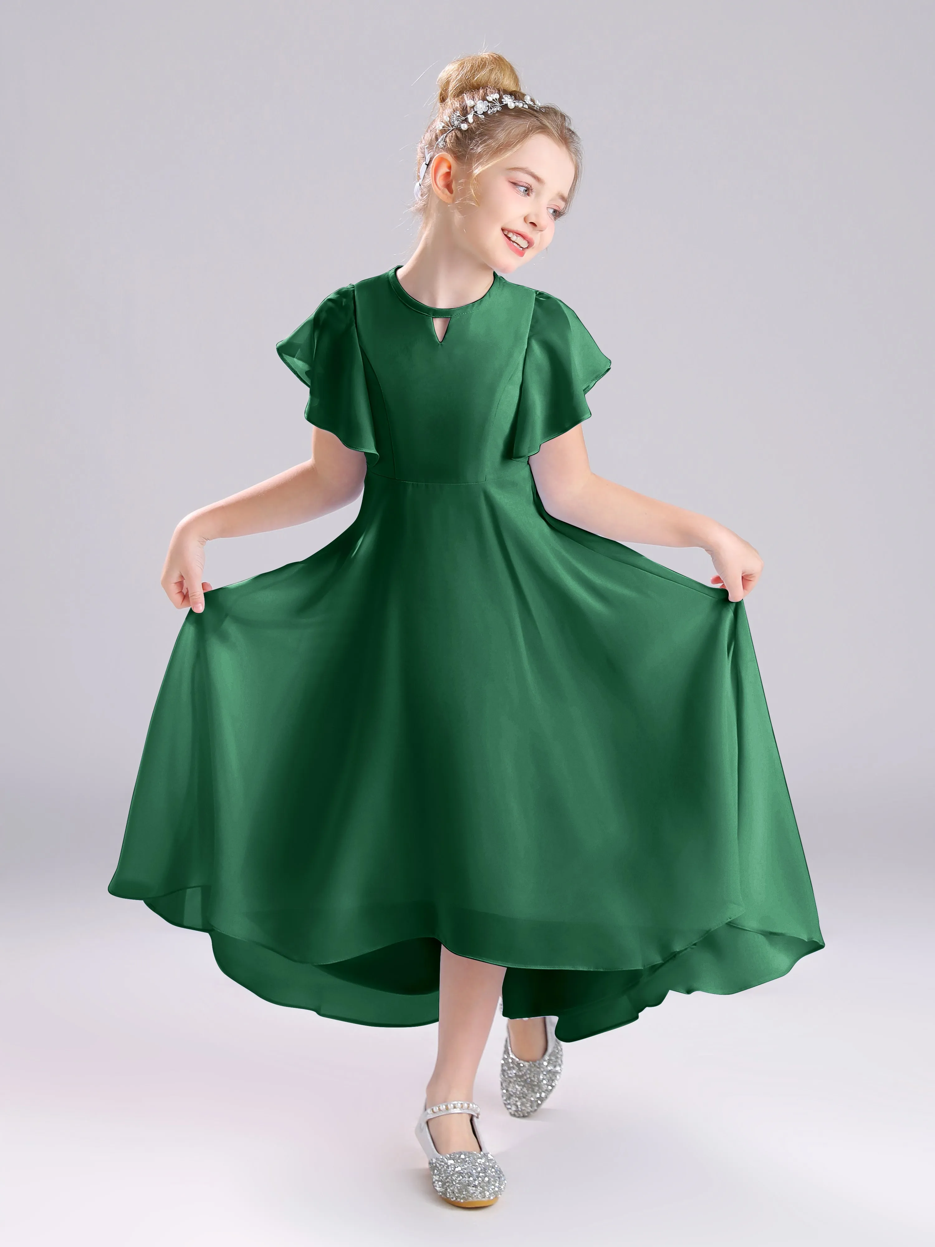 Ruffles Sleeves A-Line Long Chiffon Junior Bridesmaid Dresses