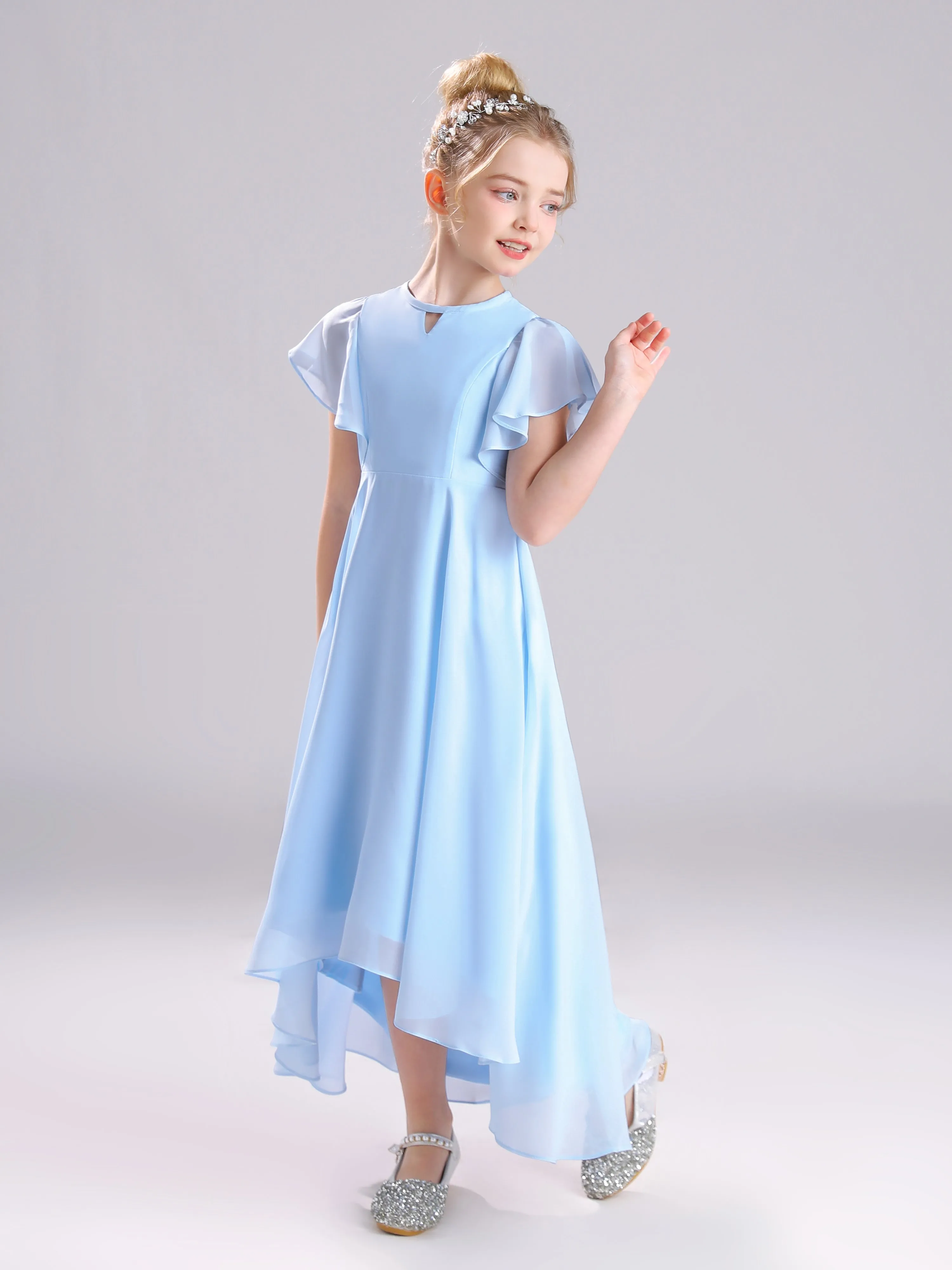 Ruffles Sleeves A-Line Long Chiffon Junior Bridesmaid Dresses
