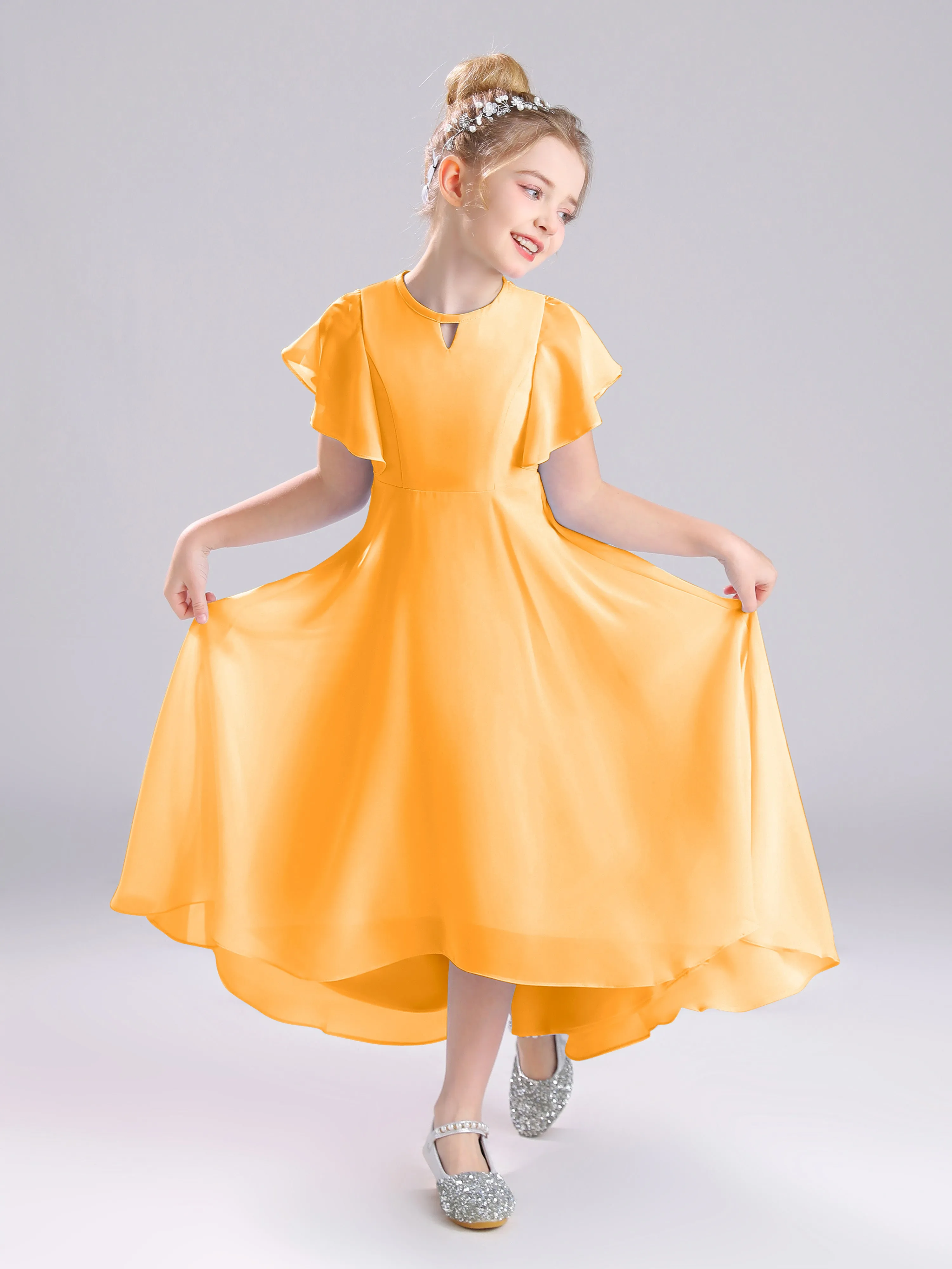 Ruffles Sleeves A-Line Long Chiffon Junior Bridesmaid Dresses