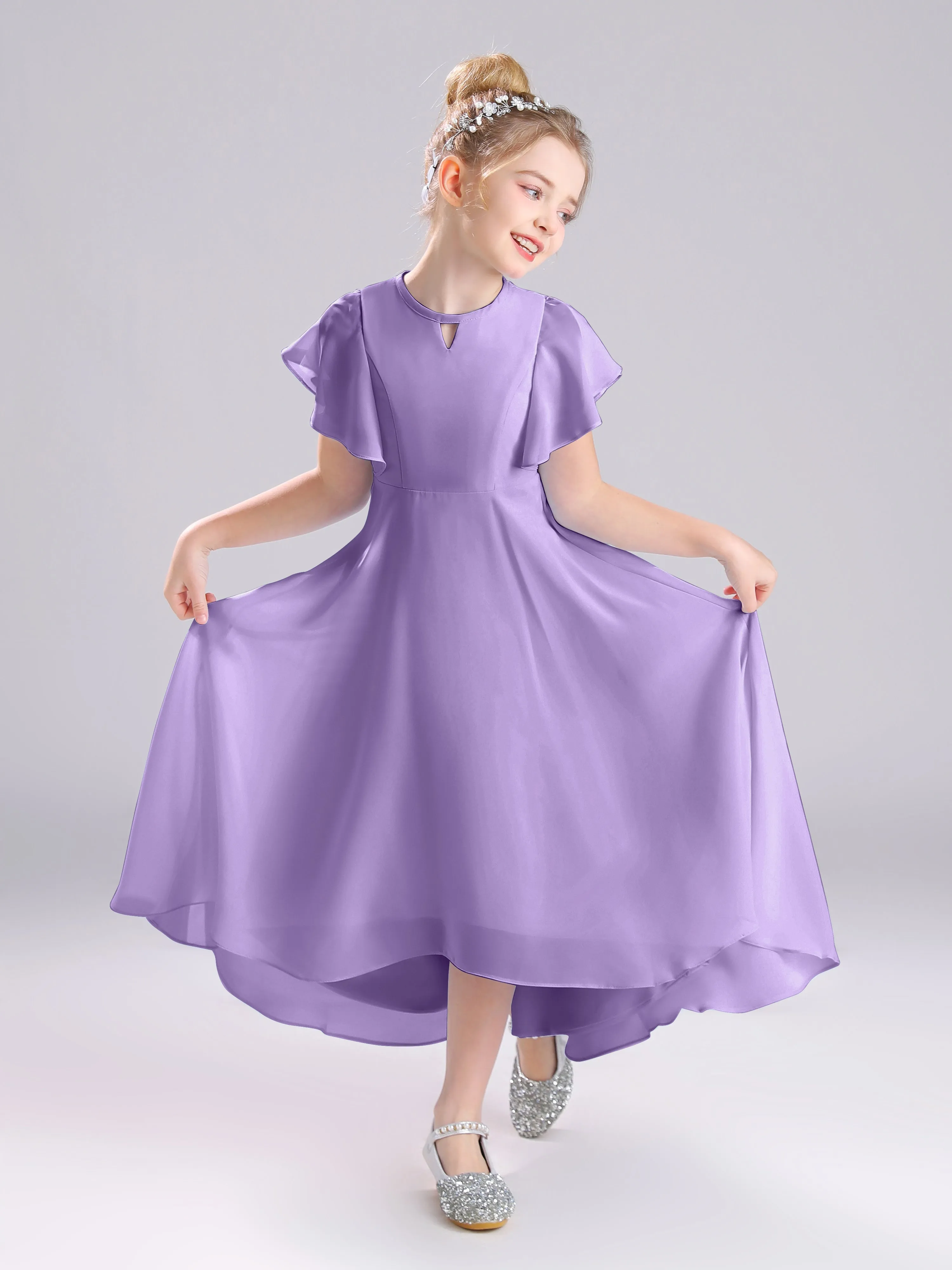 Ruffles Sleeves A-Line Long Chiffon Junior Bridesmaid Dresses
