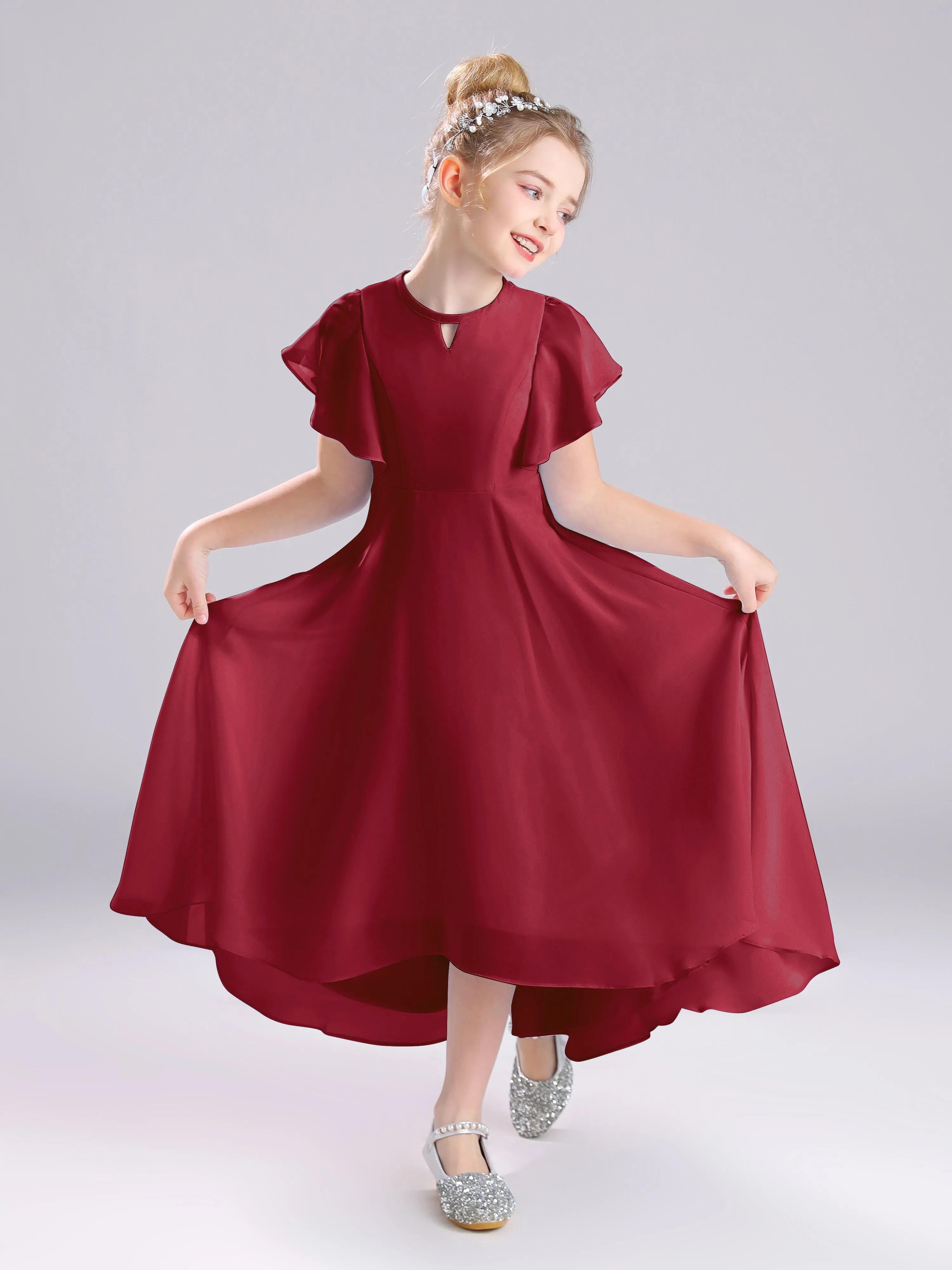 Ruffles Sleeves A-Line Long Chiffon Junior Bridesmaid Dresses
