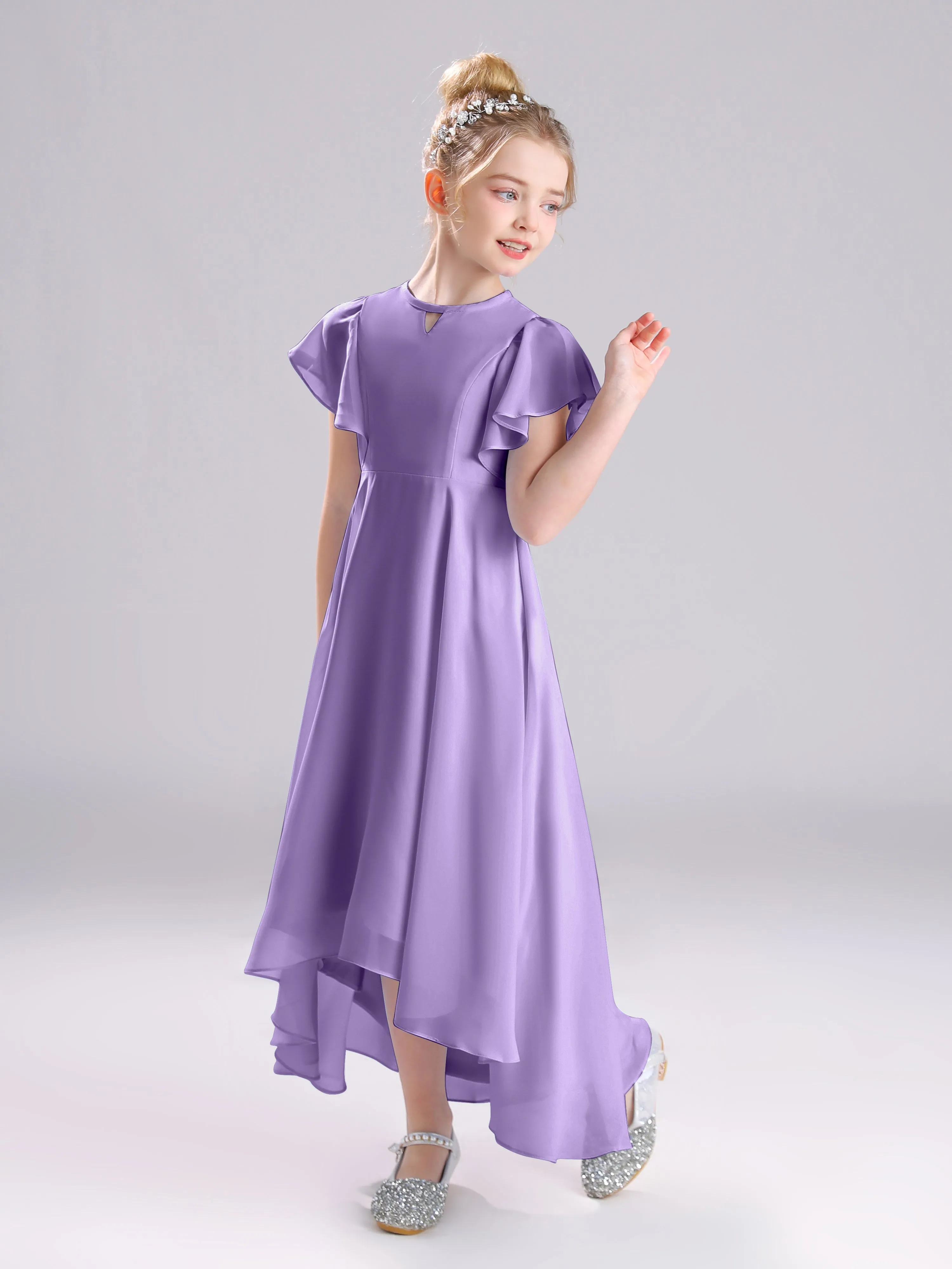 Ruffles Sleeves A-Line Long Chiffon Junior Bridesmaid Dresses