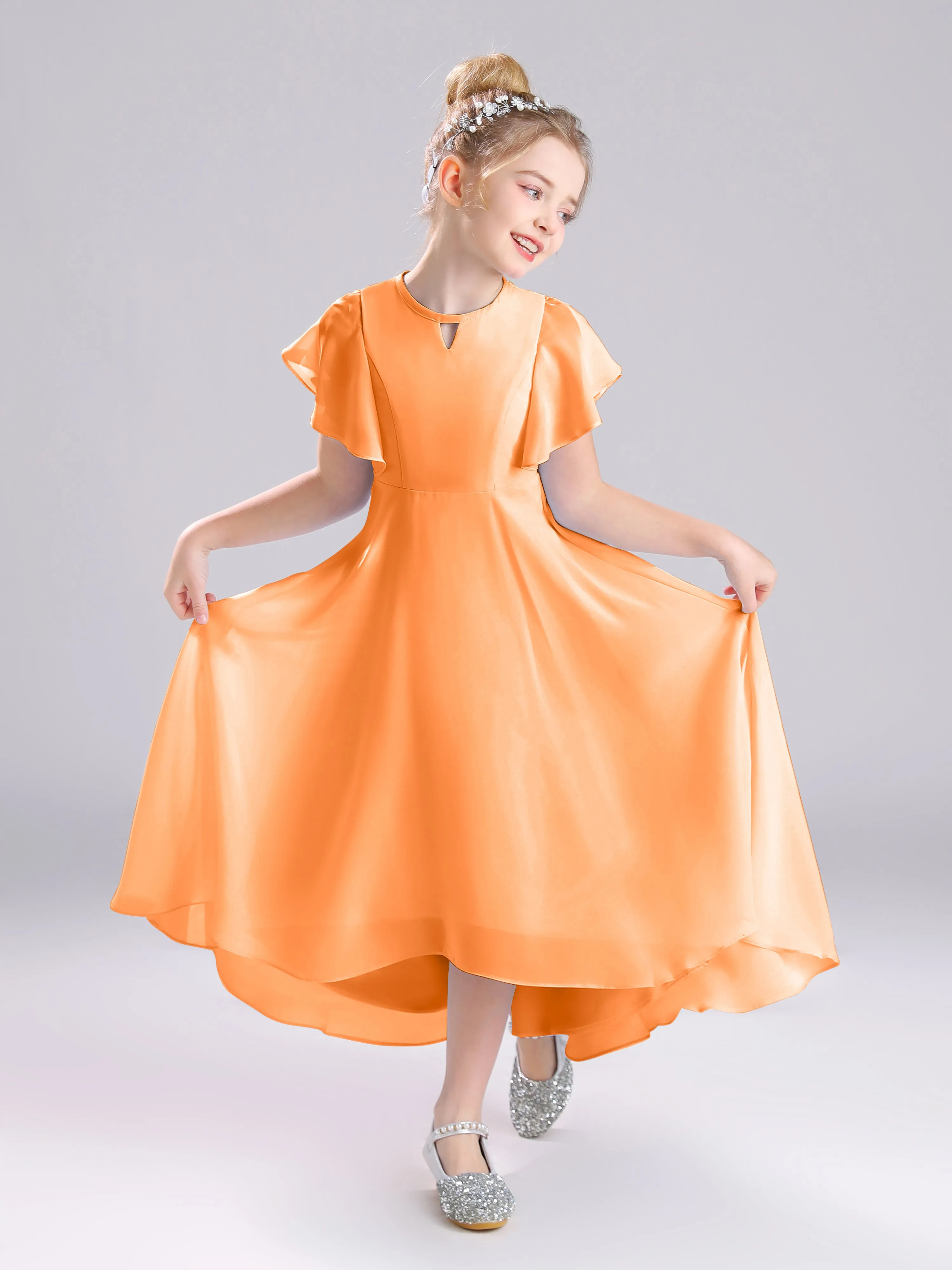 Ruffles Sleeves A-Line Long Chiffon Junior Bridesmaid Dresses