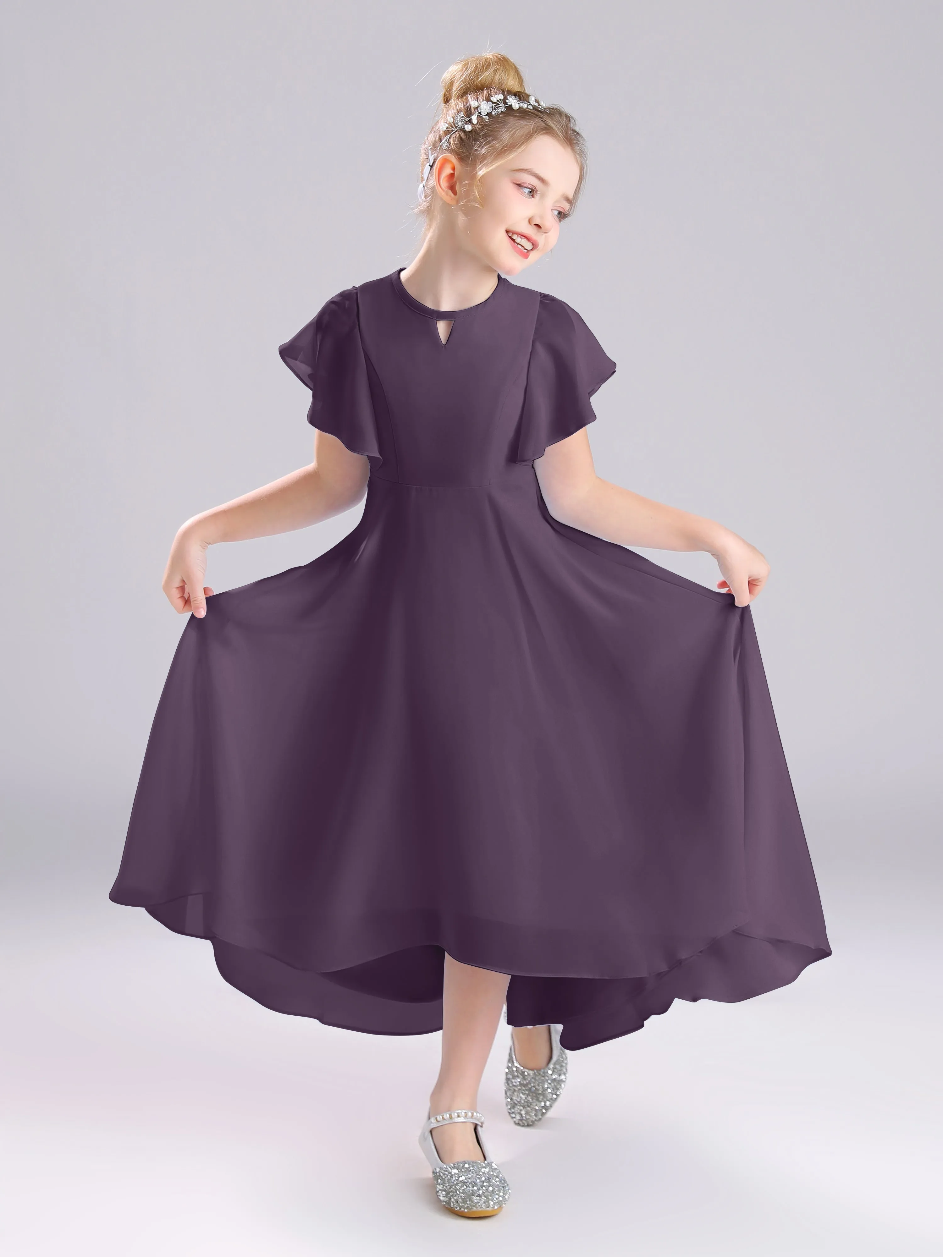 Ruffles Sleeves A-Line Long Chiffon Junior Bridesmaid Dresses