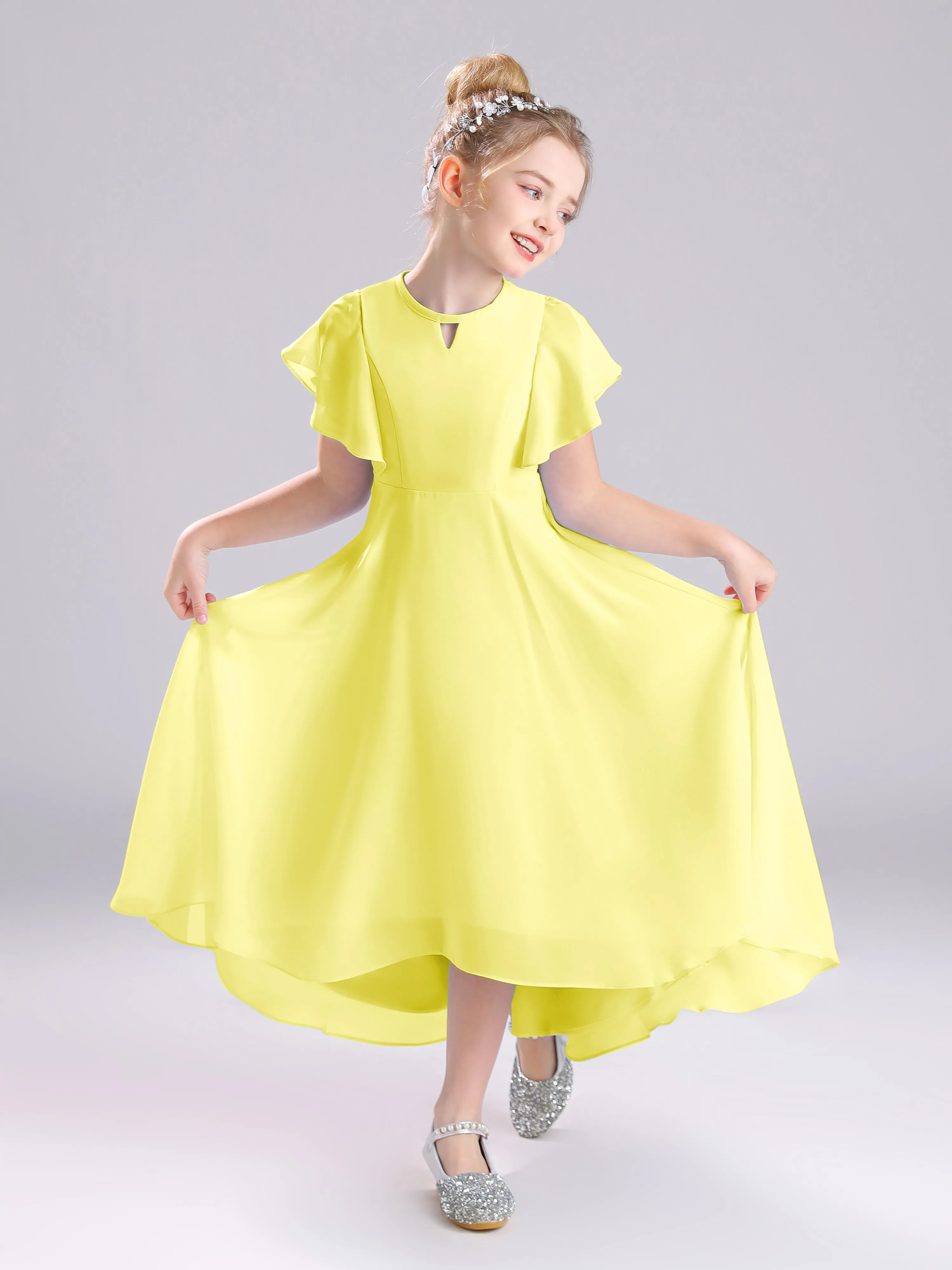 Ruffles Sleeves A-Line Long Chiffon Junior Bridesmaid Dresses