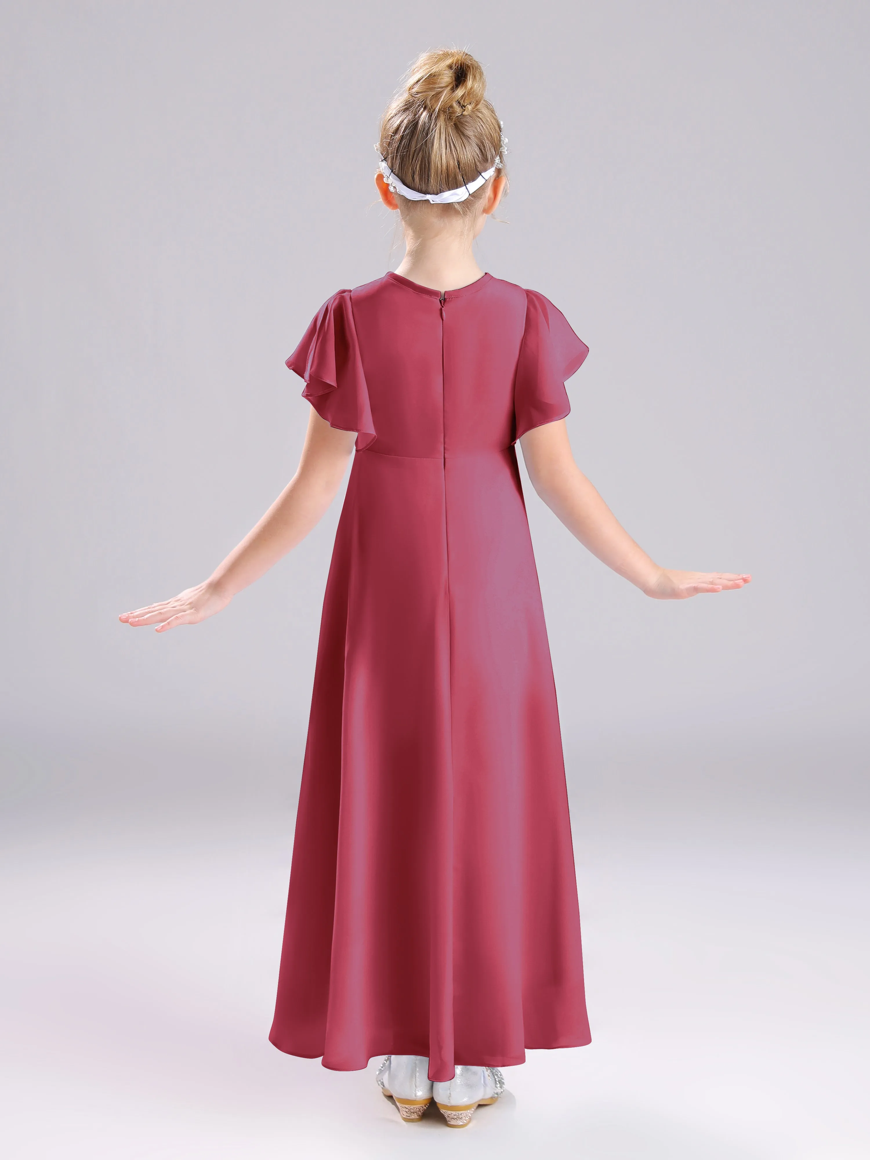Ruffles Sleeves A-Line Long Chiffon Junior Bridesmaid Dresses