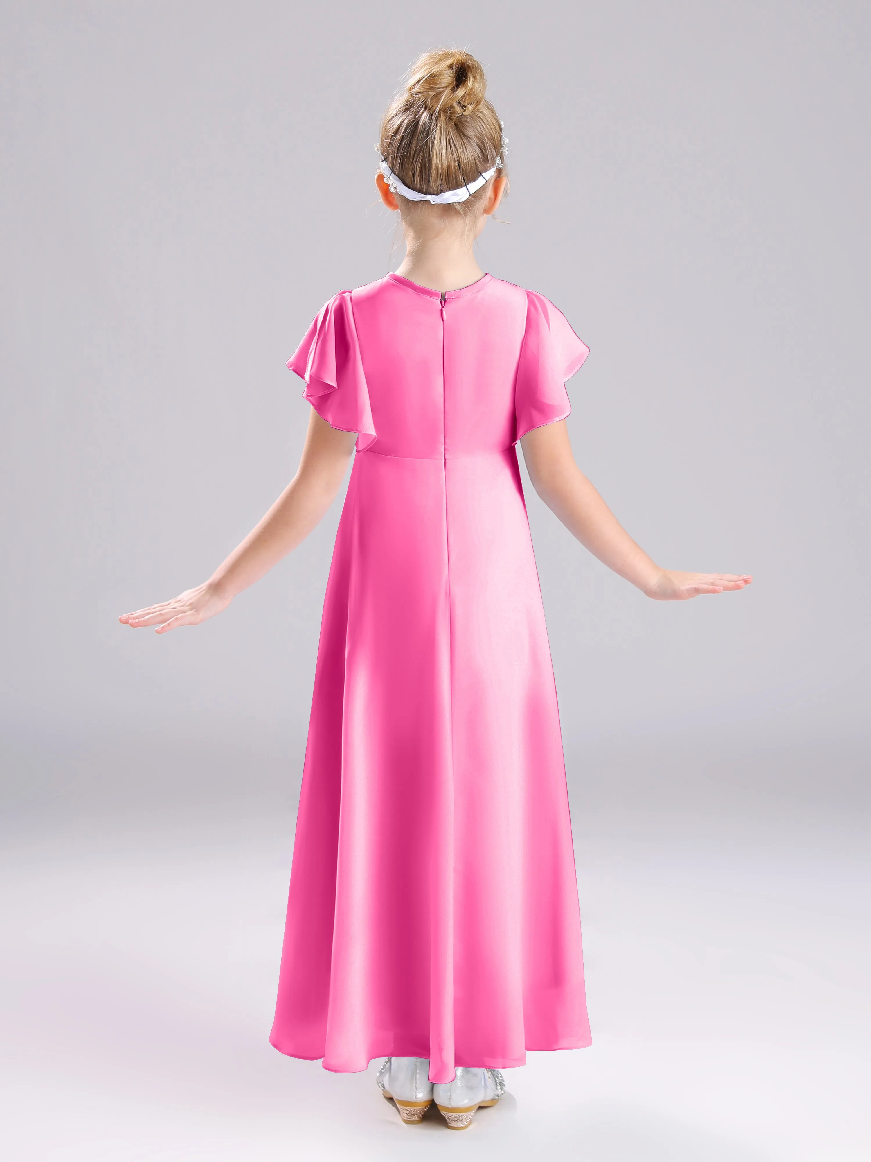 Ruffles Sleeves A-Line Long Chiffon Junior Bridesmaid Dresses