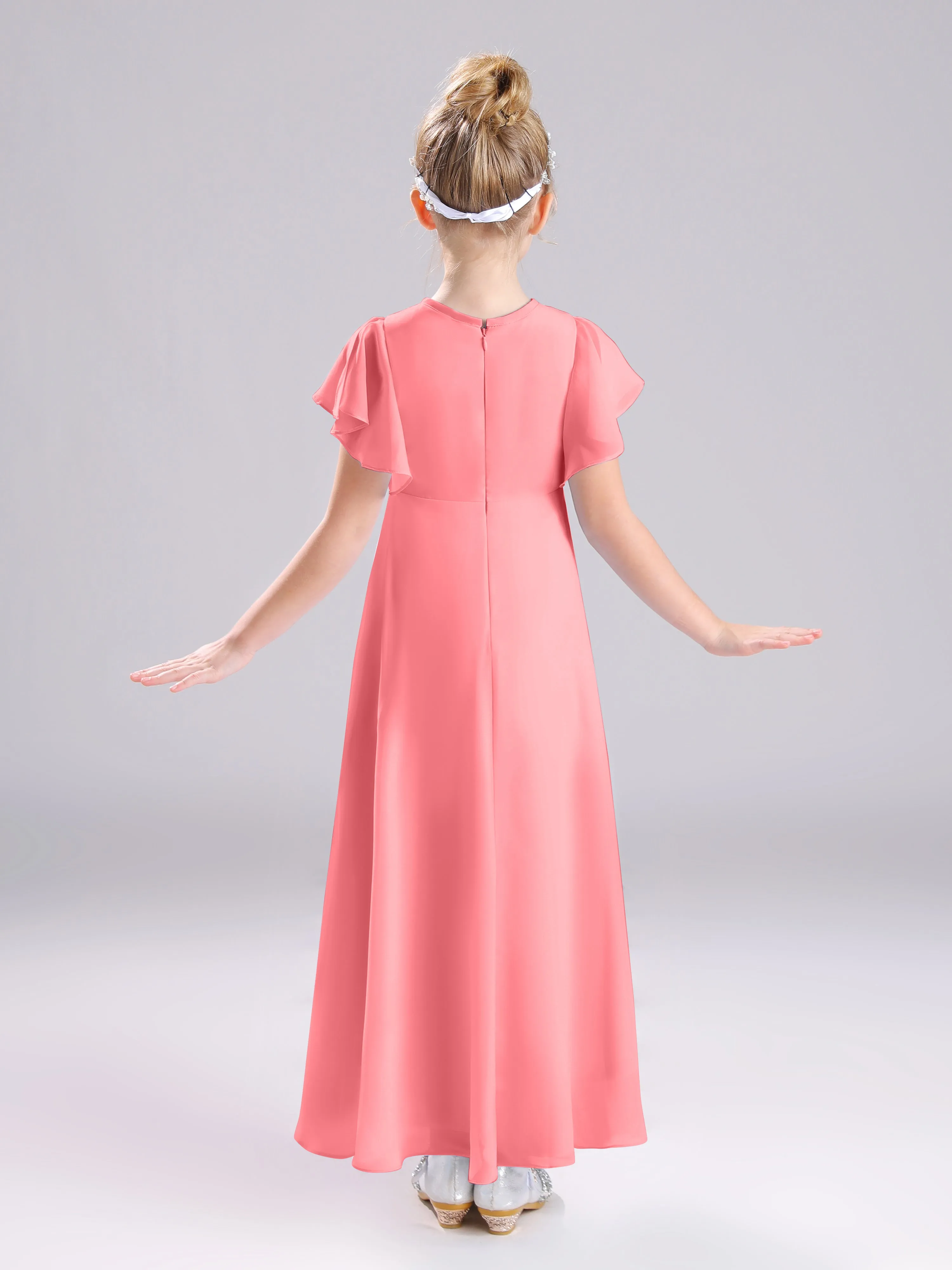 Ruffles Sleeves A-Line Long Chiffon Junior Bridesmaid Dresses