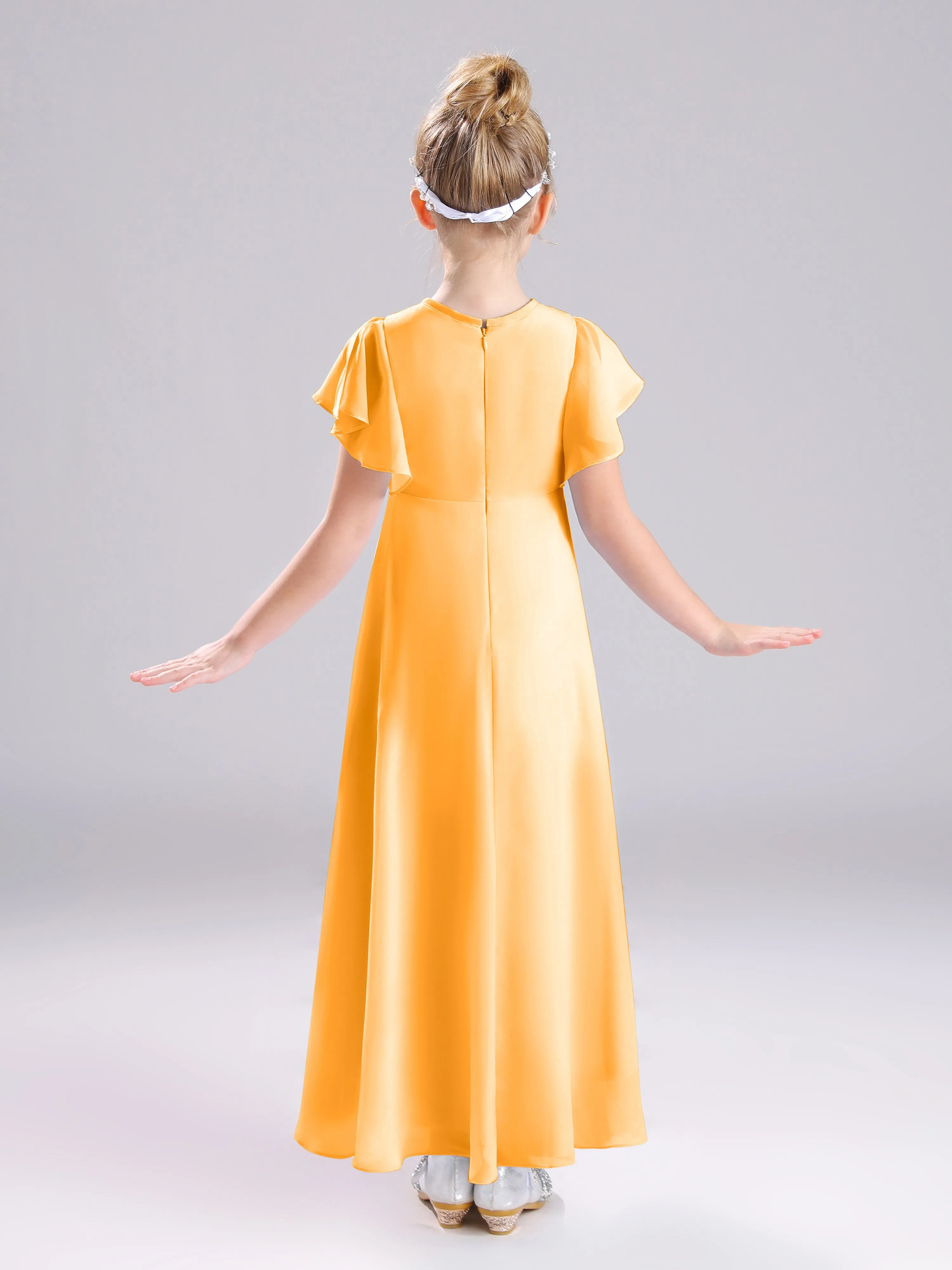 Ruffles Sleeves A-Line Long Chiffon Junior Bridesmaid Dresses