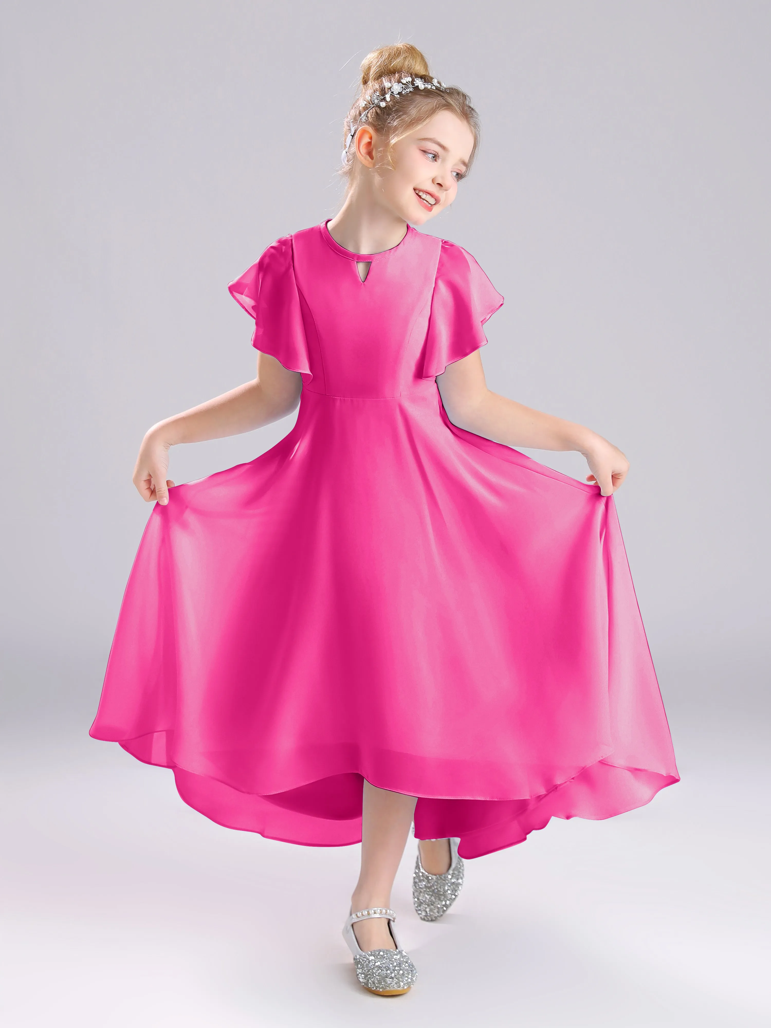 Ruffles Sleeves A-Line Long Chiffon Junior Bridesmaid Dresses