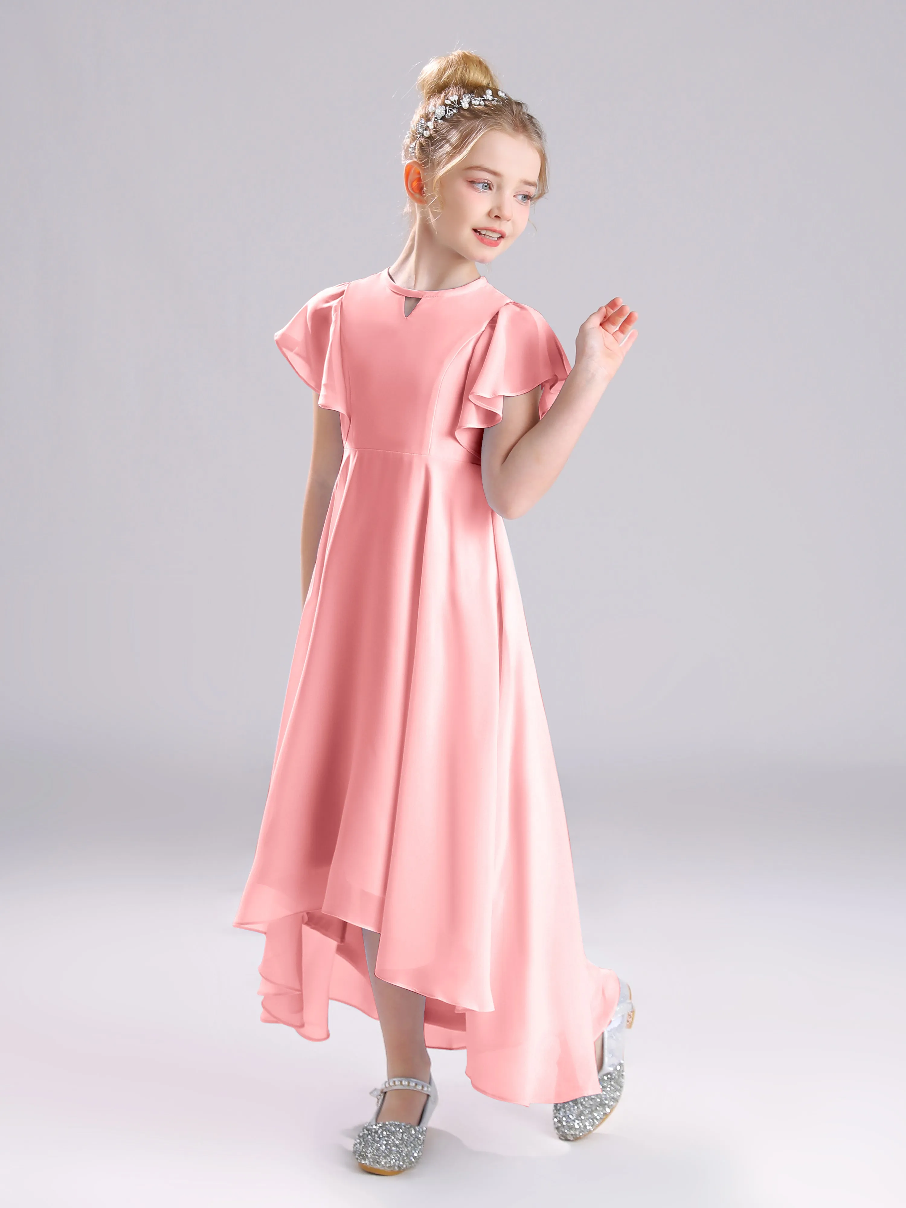 Ruffles Sleeves A-Line Long Chiffon Junior Bridesmaid Dresses
