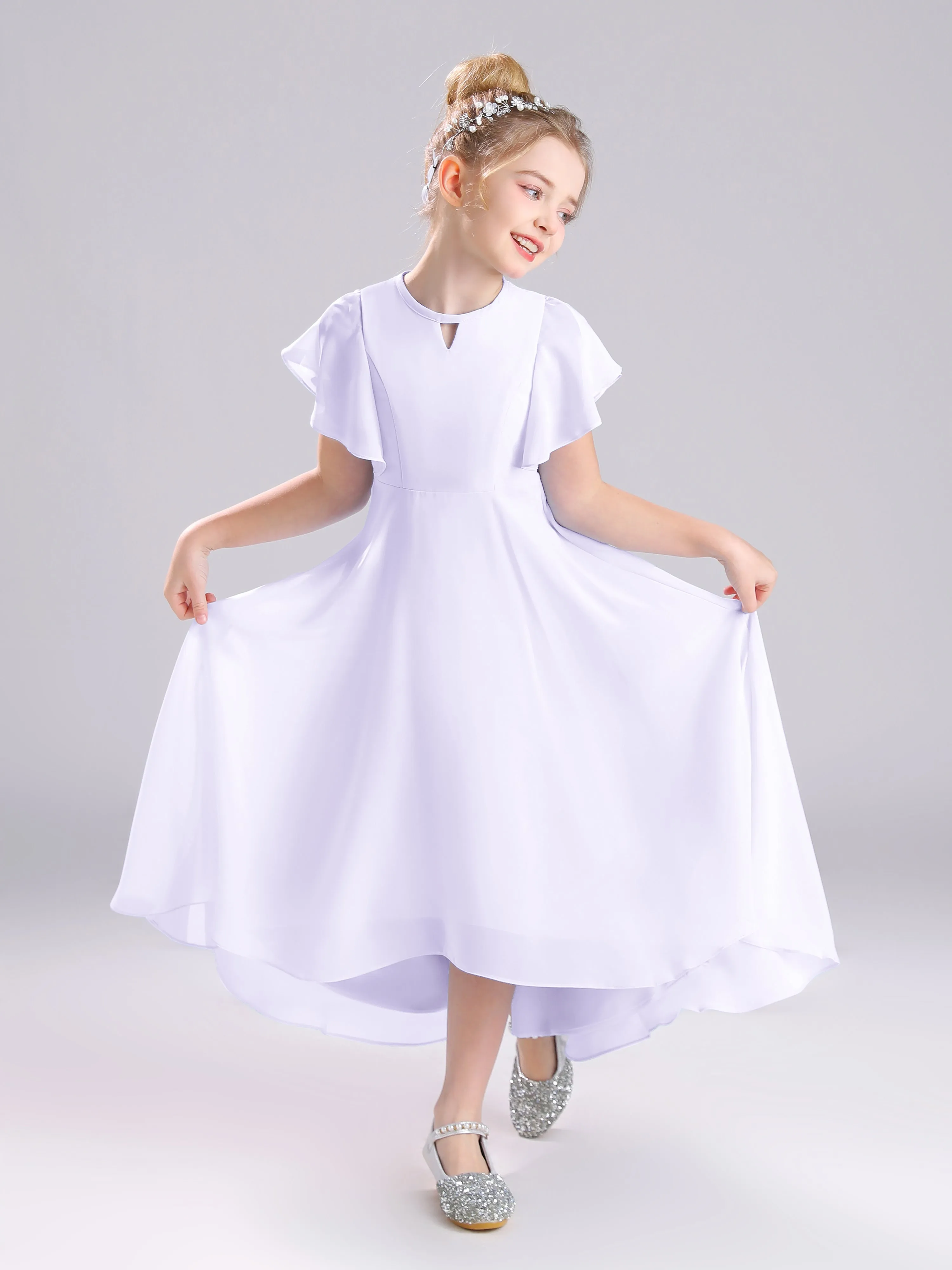 Ruffles Sleeves A-Line Long Chiffon Junior Bridesmaid Dresses