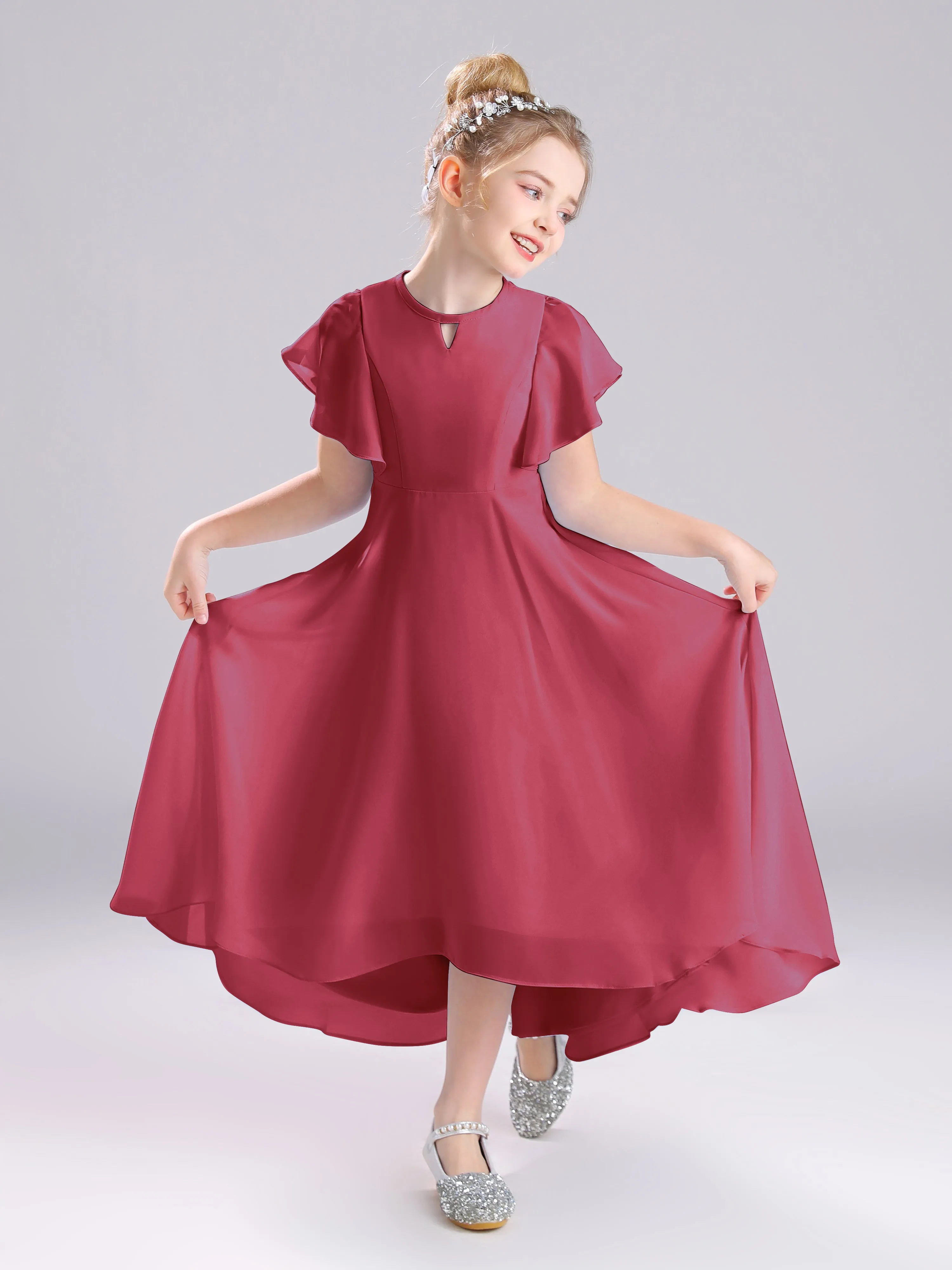 Ruffles Sleeves A-Line Long Chiffon Junior Bridesmaid Dresses