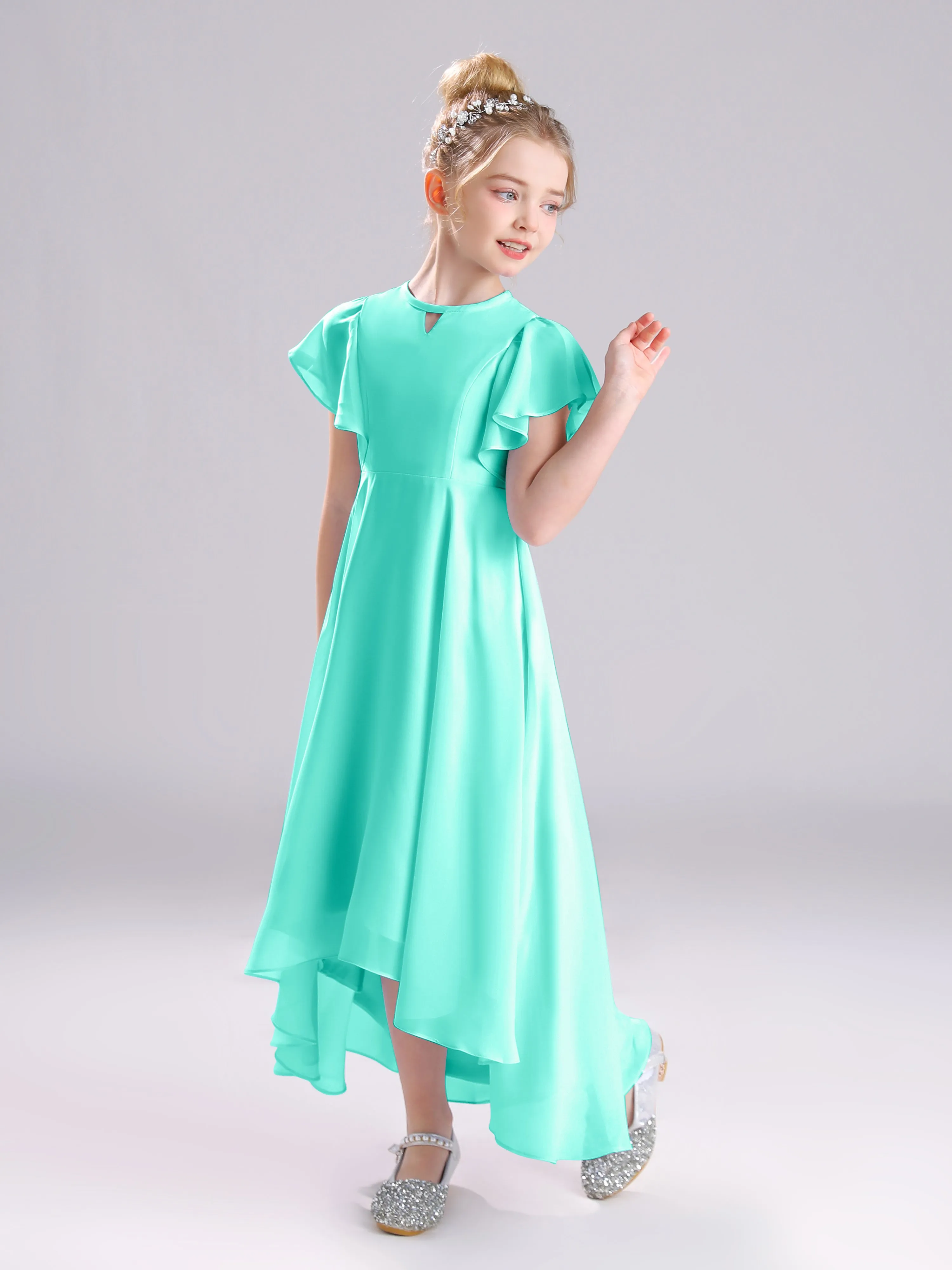 Ruffles Sleeves A-Line Long Chiffon Junior Bridesmaid Dresses