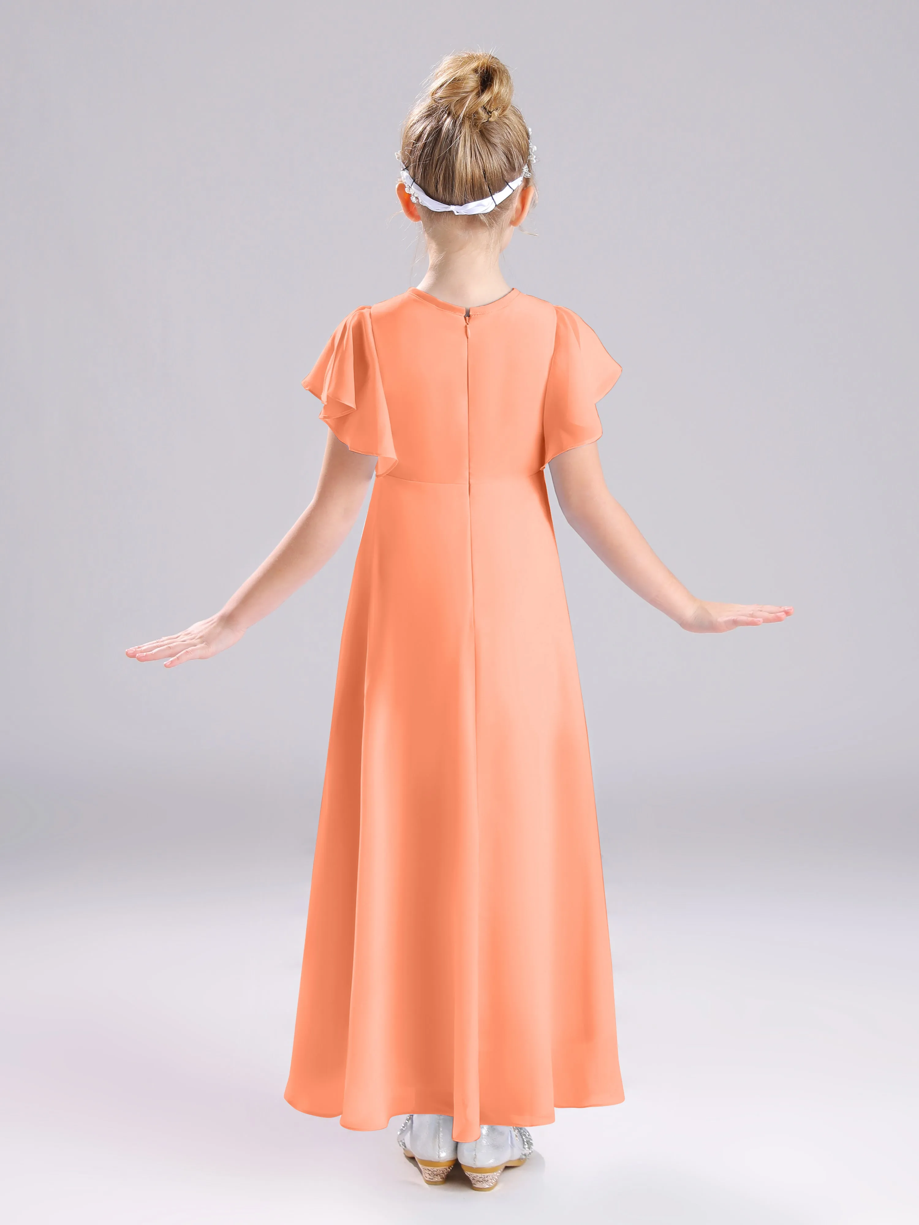Ruffles Sleeves A-Line Long Chiffon Junior Bridesmaid Dresses