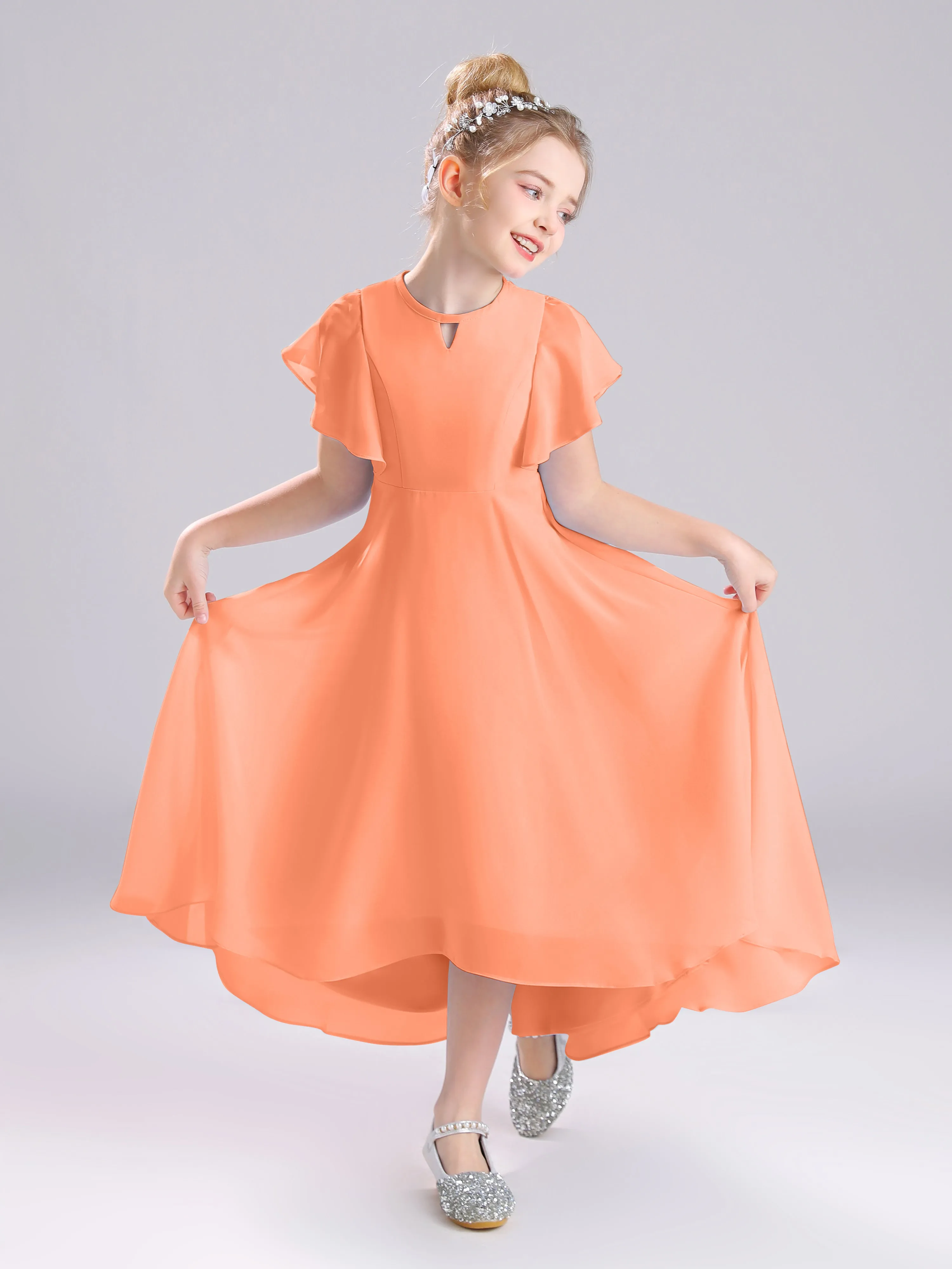 Ruffles Sleeves A-Line Long Chiffon Junior Bridesmaid Dresses