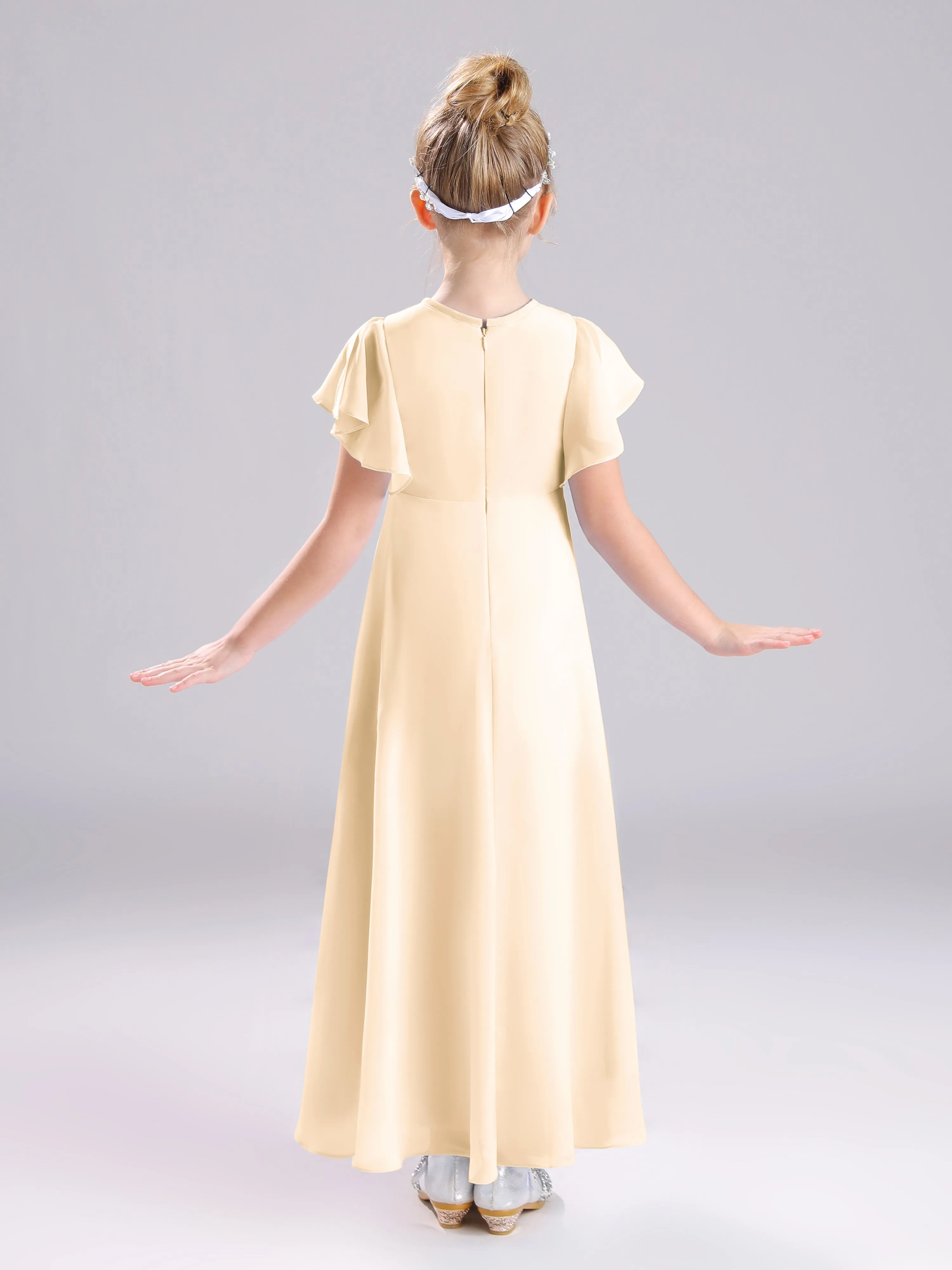 Ruffles Sleeves A-Line Long Chiffon Junior Bridesmaid Dresses