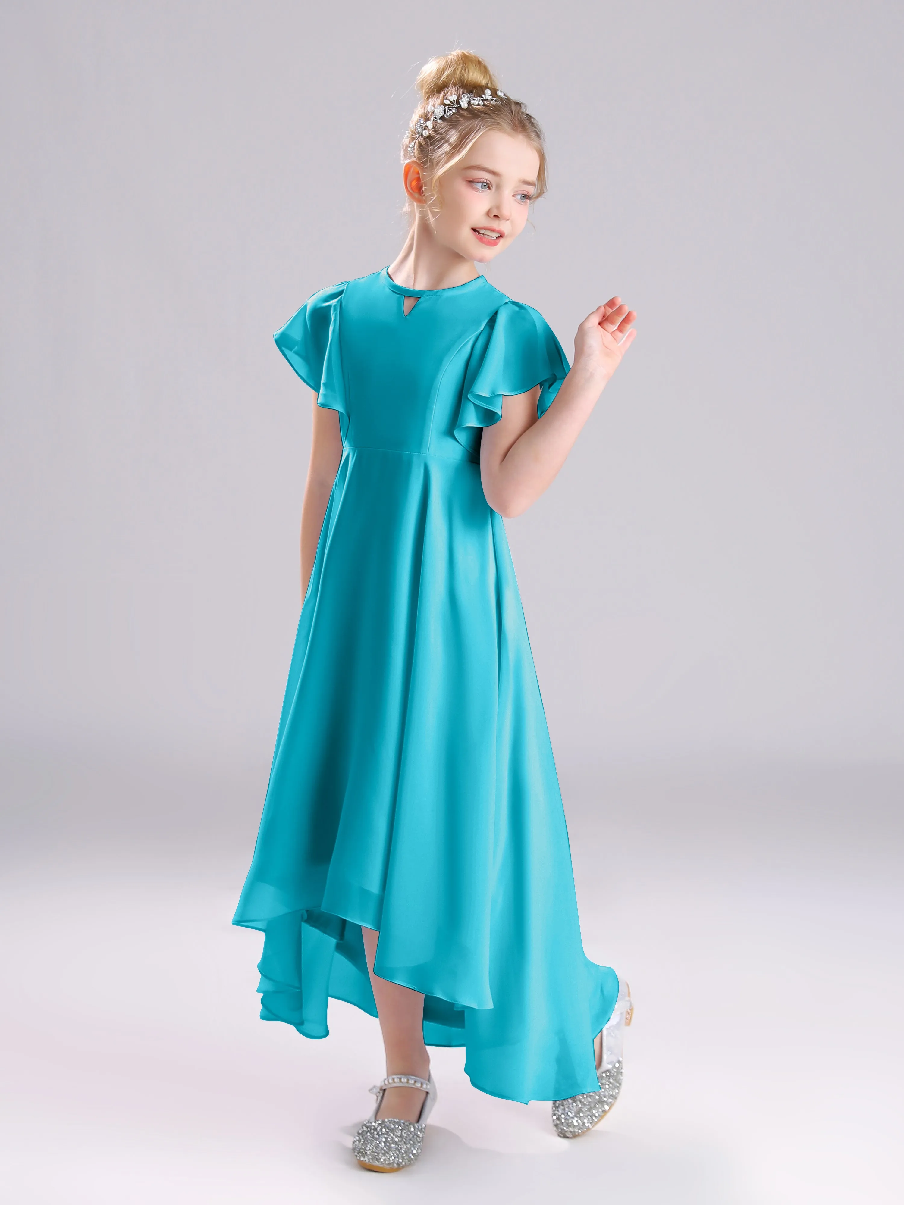Ruffles Sleeves A-Line Long Chiffon Junior Bridesmaid Dresses
