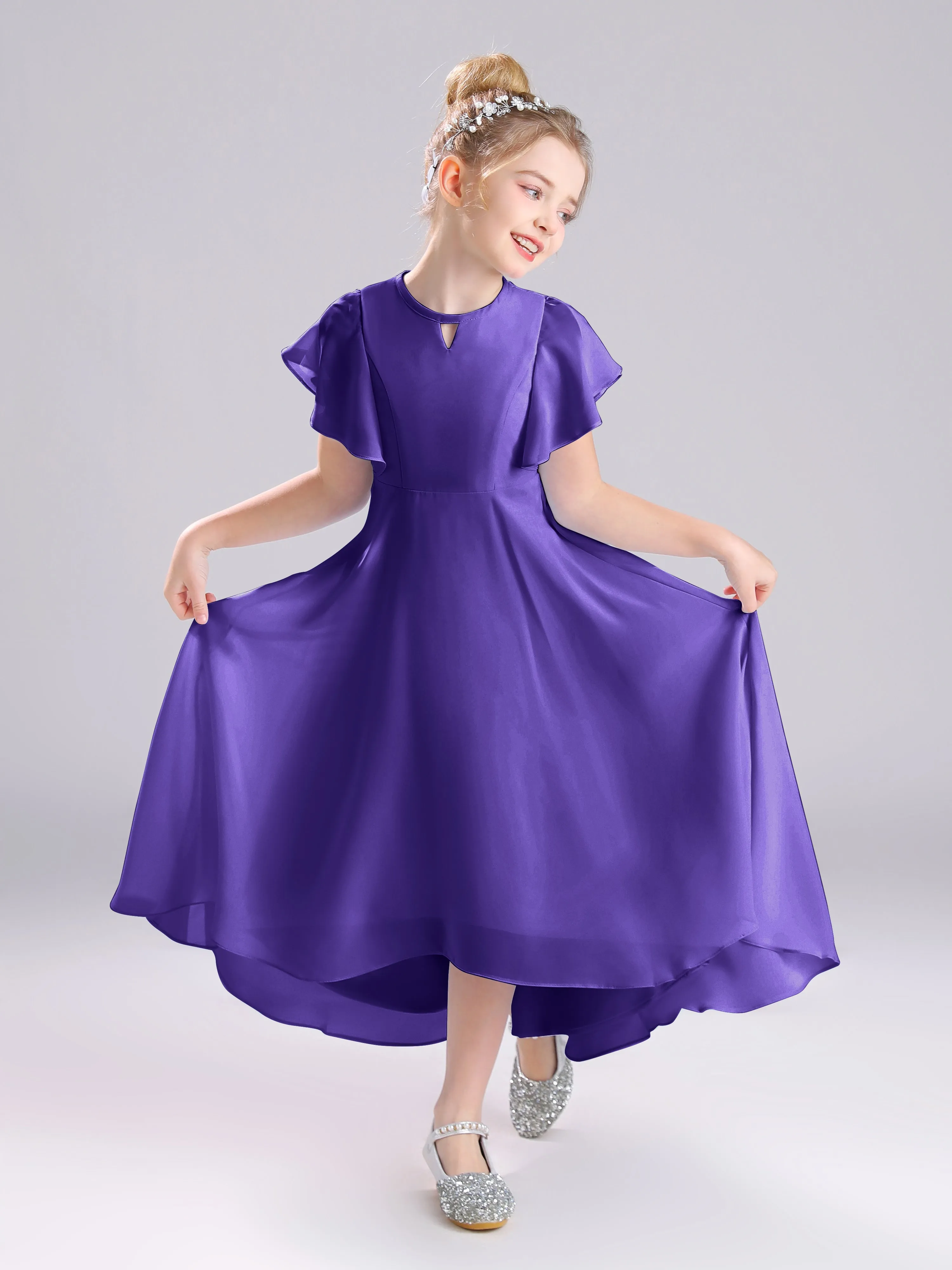 Ruffles Sleeves A-Line Long Chiffon Junior Bridesmaid Dresses