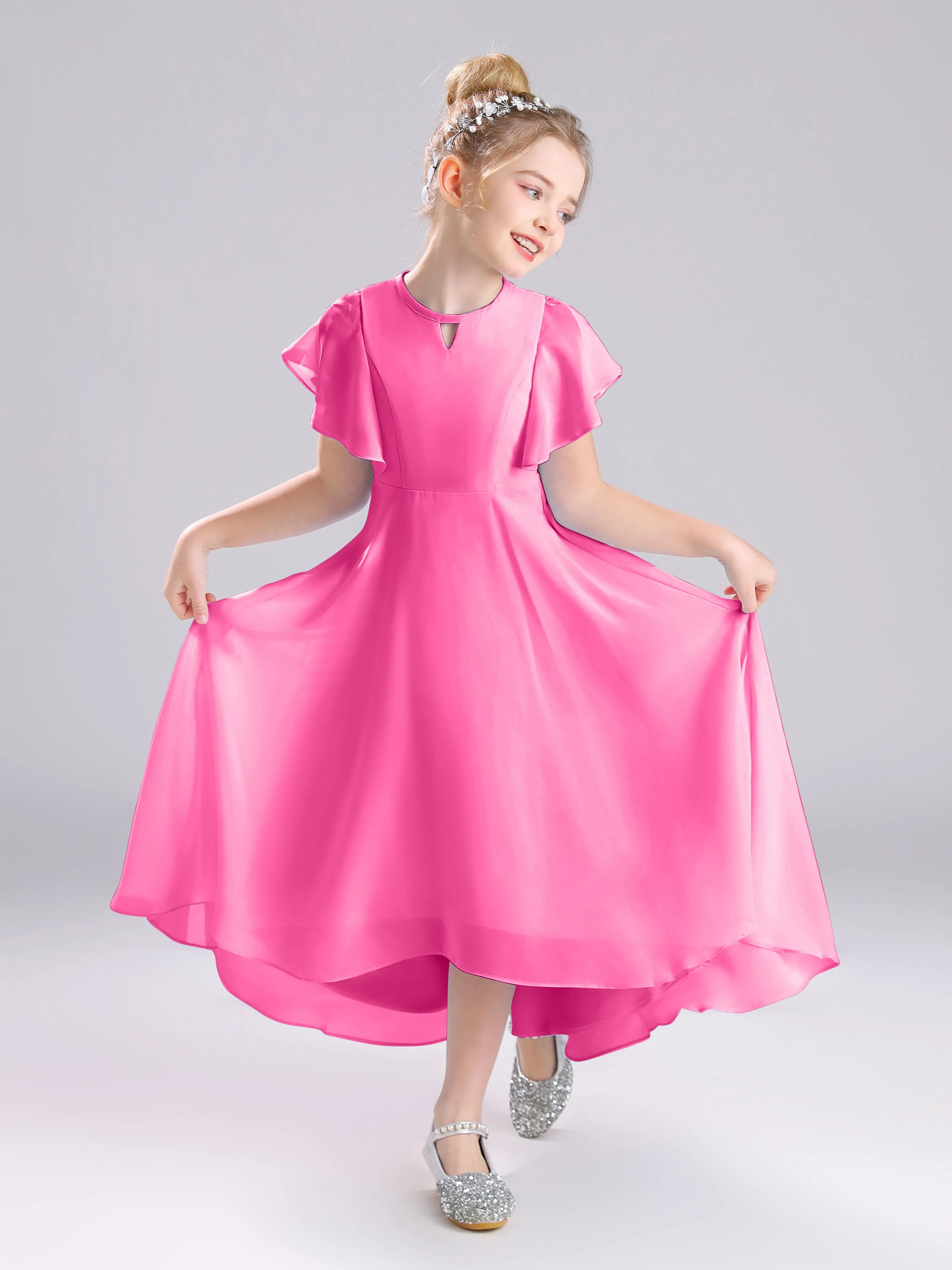 Ruffles Sleeves A-Line Long Chiffon Junior Bridesmaid Dresses