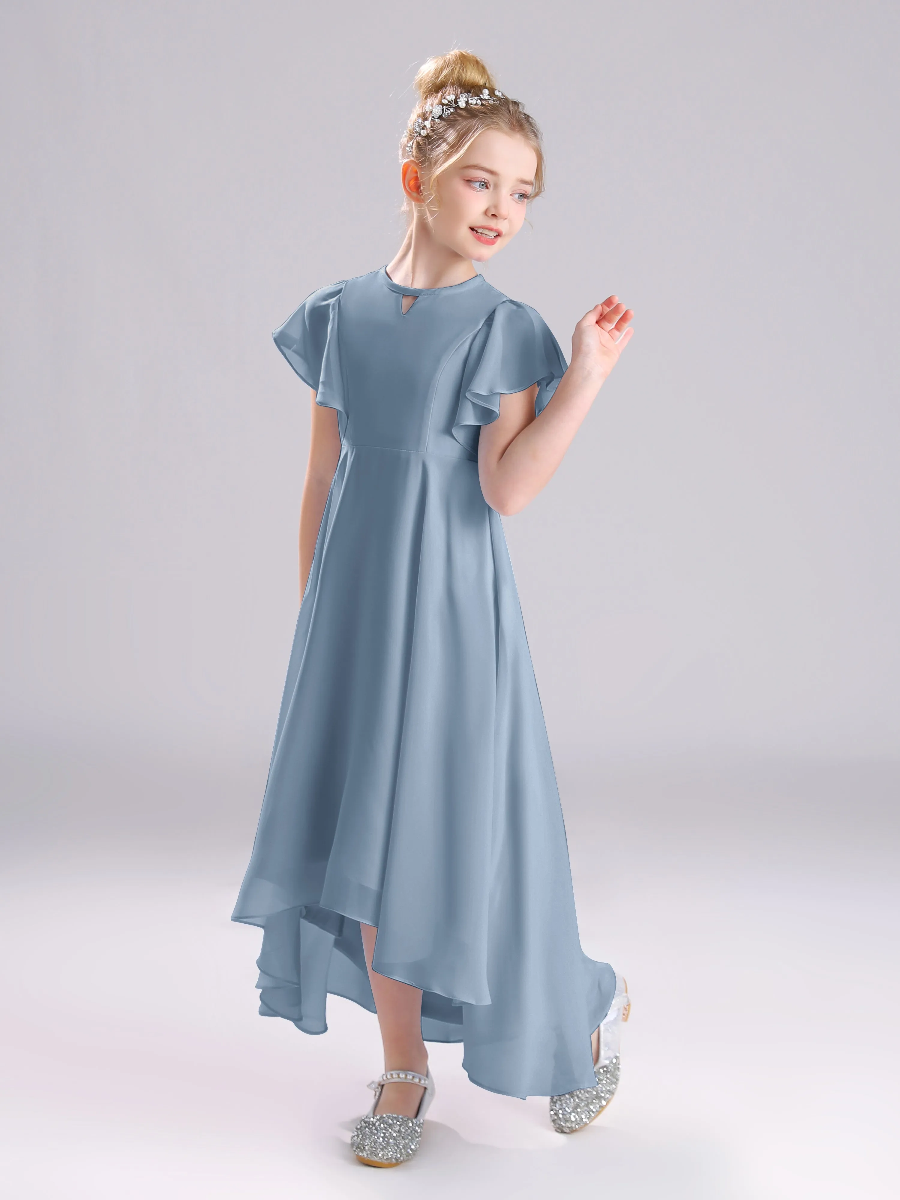 Ruffles Sleeves A-Line Long Chiffon Junior Bridesmaid Dresses