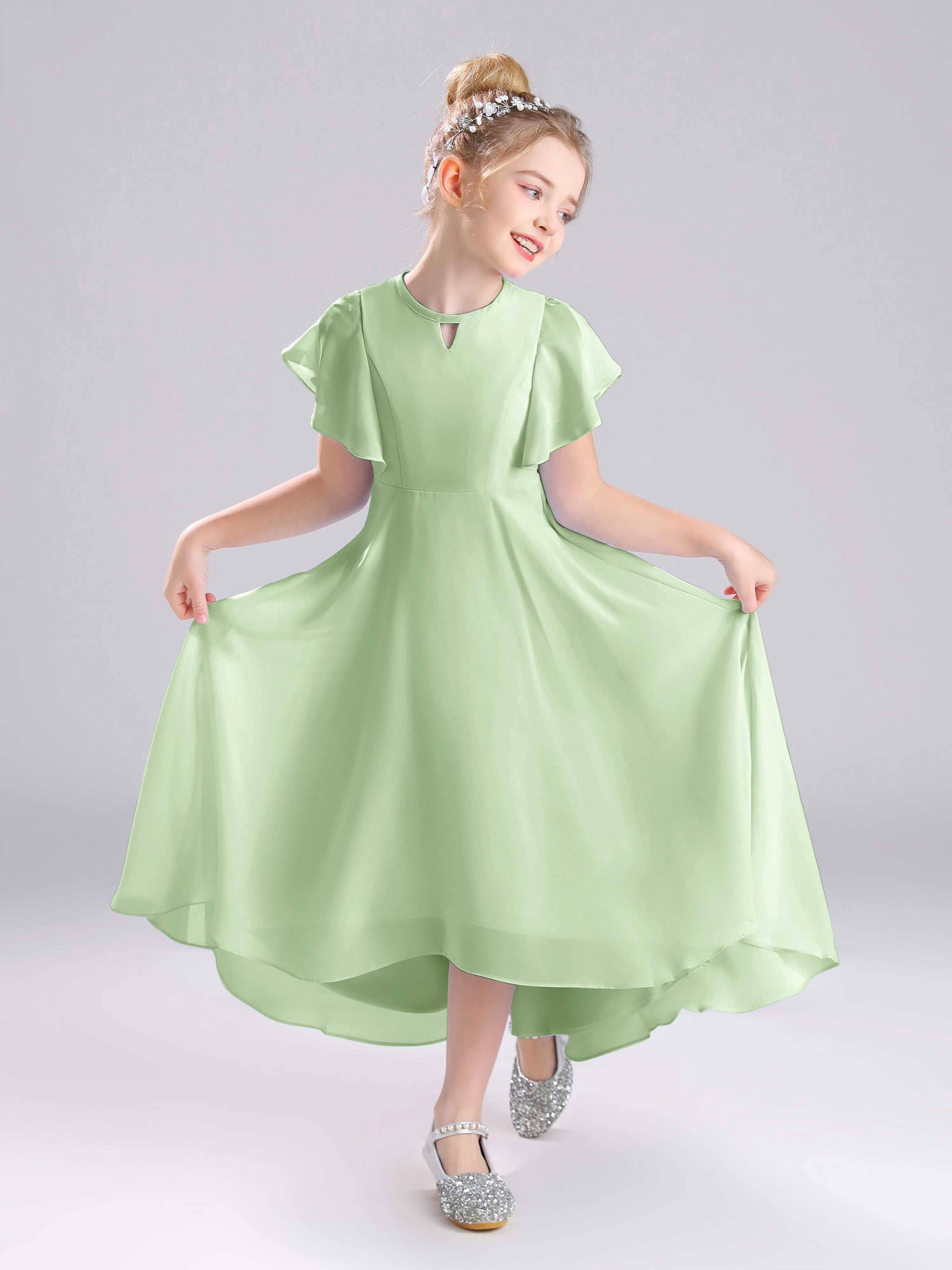 Ruffles Sleeves A-Line Long Chiffon Junior Bridesmaid Dresses