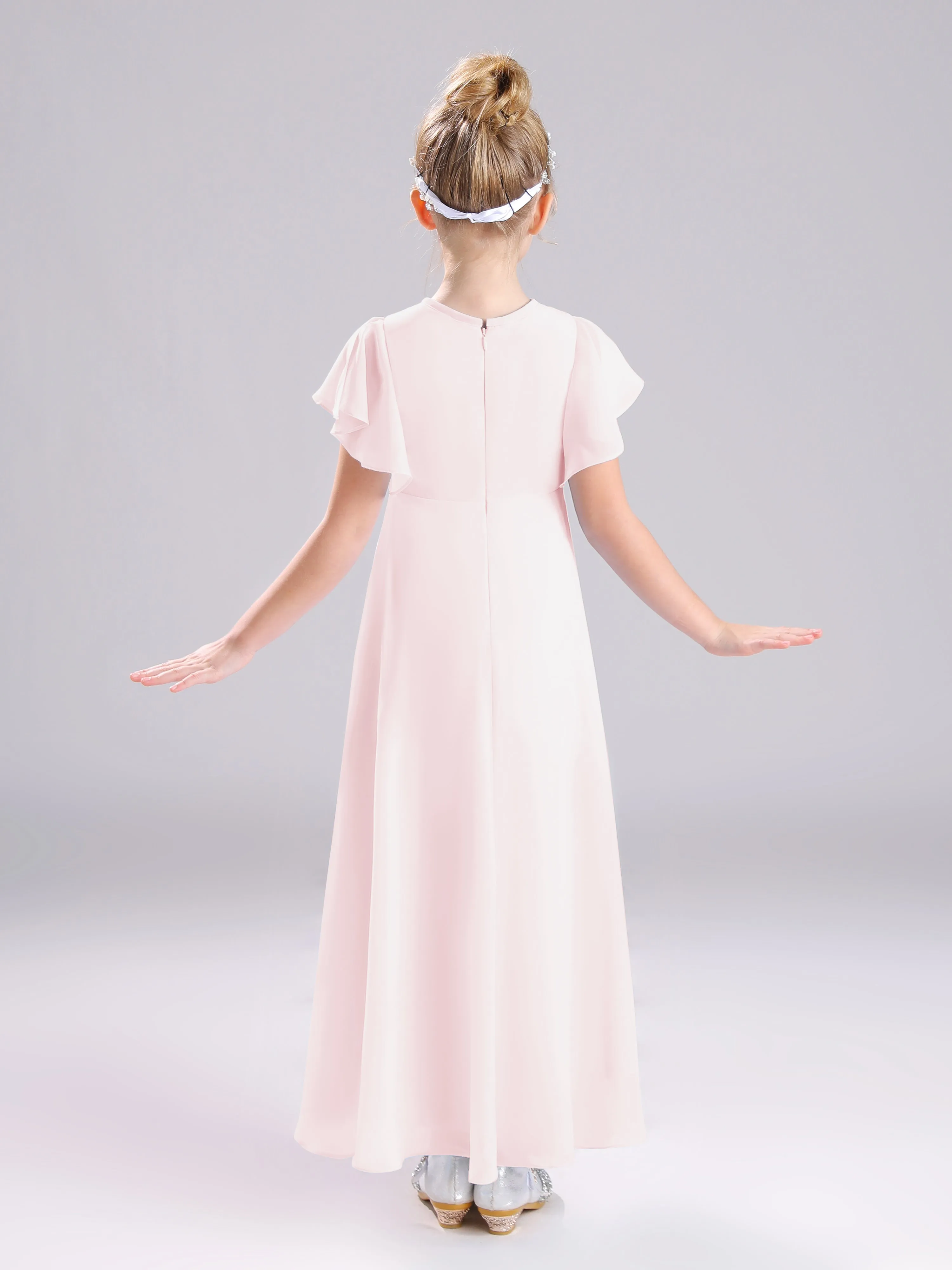 Ruffles Sleeves A-Line Long Chiffon Junior Bridesmaid Dresses