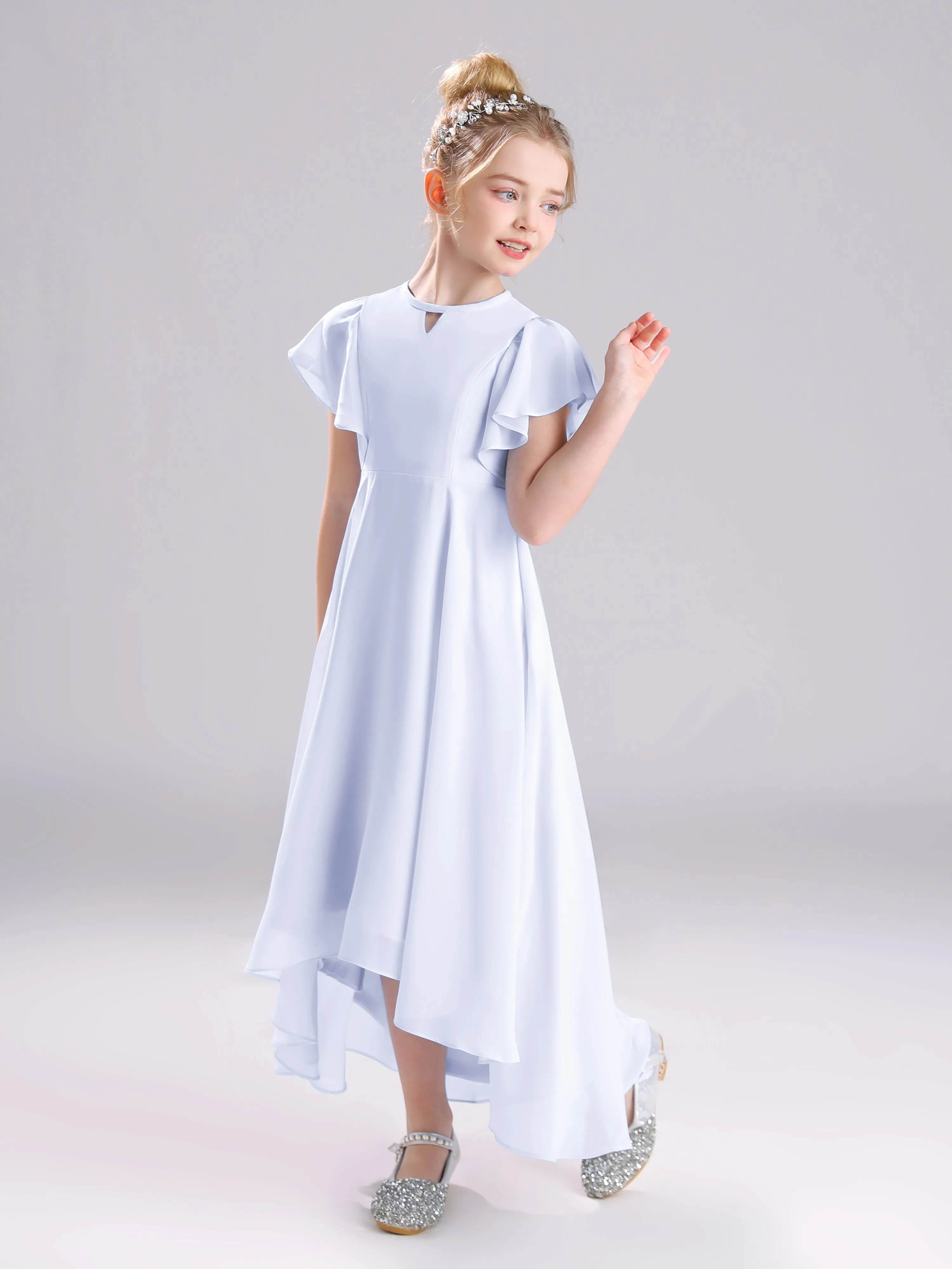 Ruffles Sleeves A-Line Long Chiffon Junior Bridesmaid Dresses