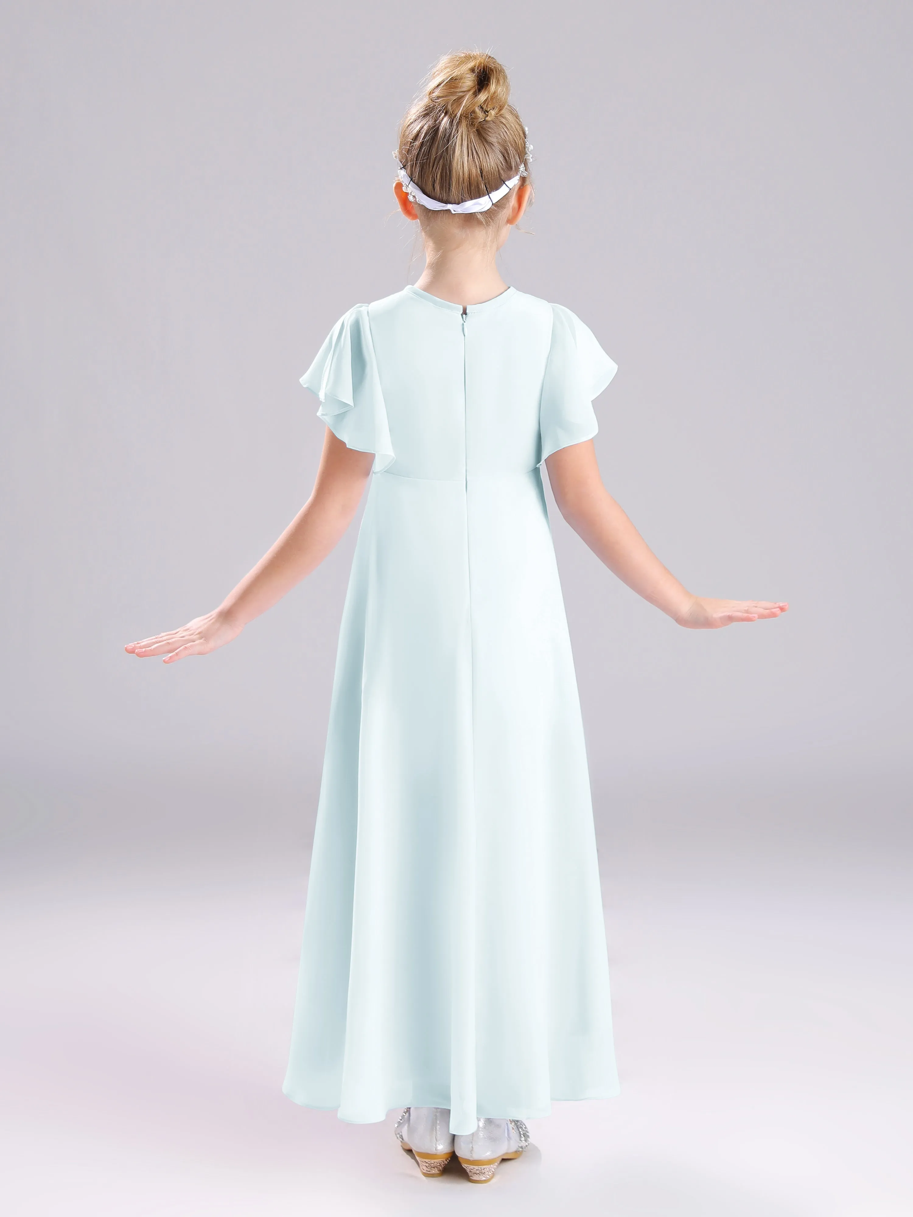 Ruffles Sleeves A-Line Long Chiffon Junior Bridesmaid Dresses