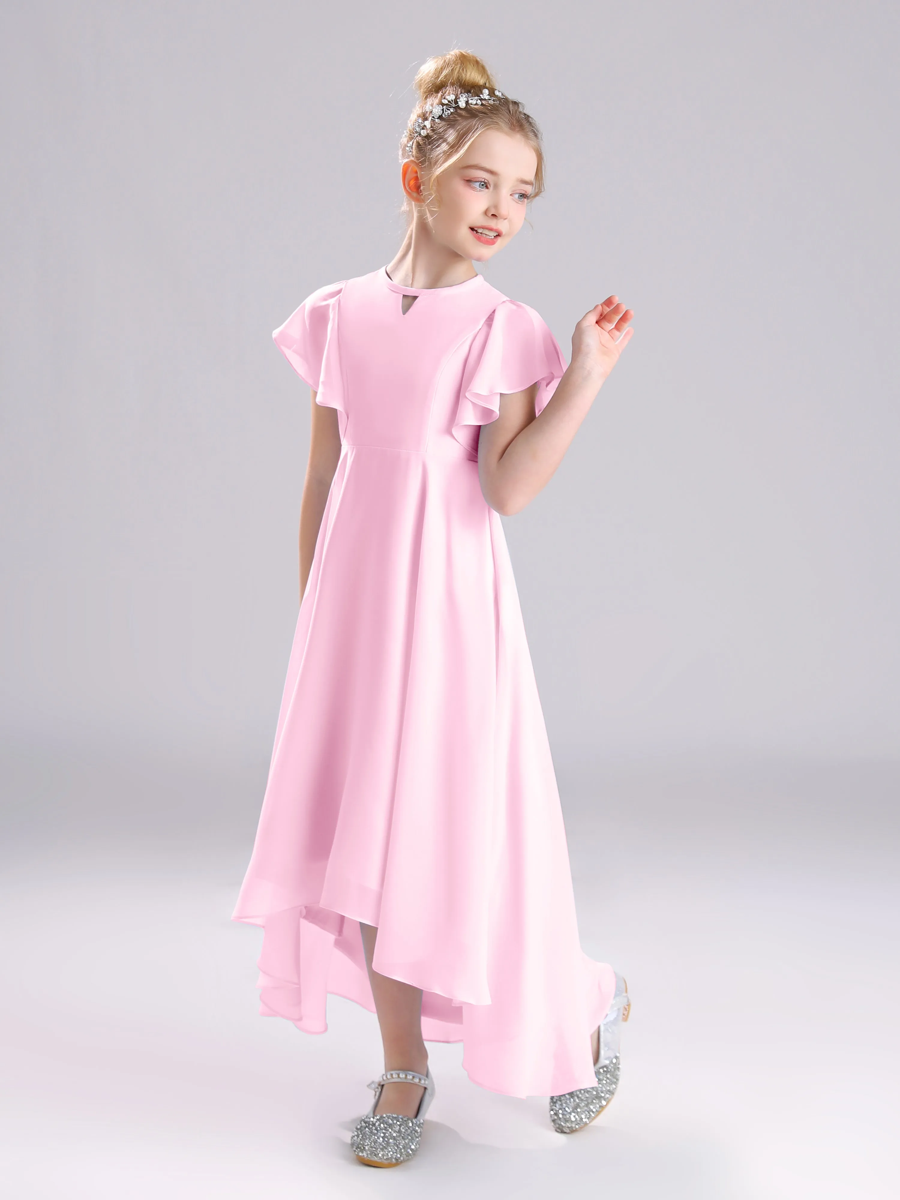 Ruffles Sleeves A-Line Long Chiffon Junior Bridesmaid Dresses
