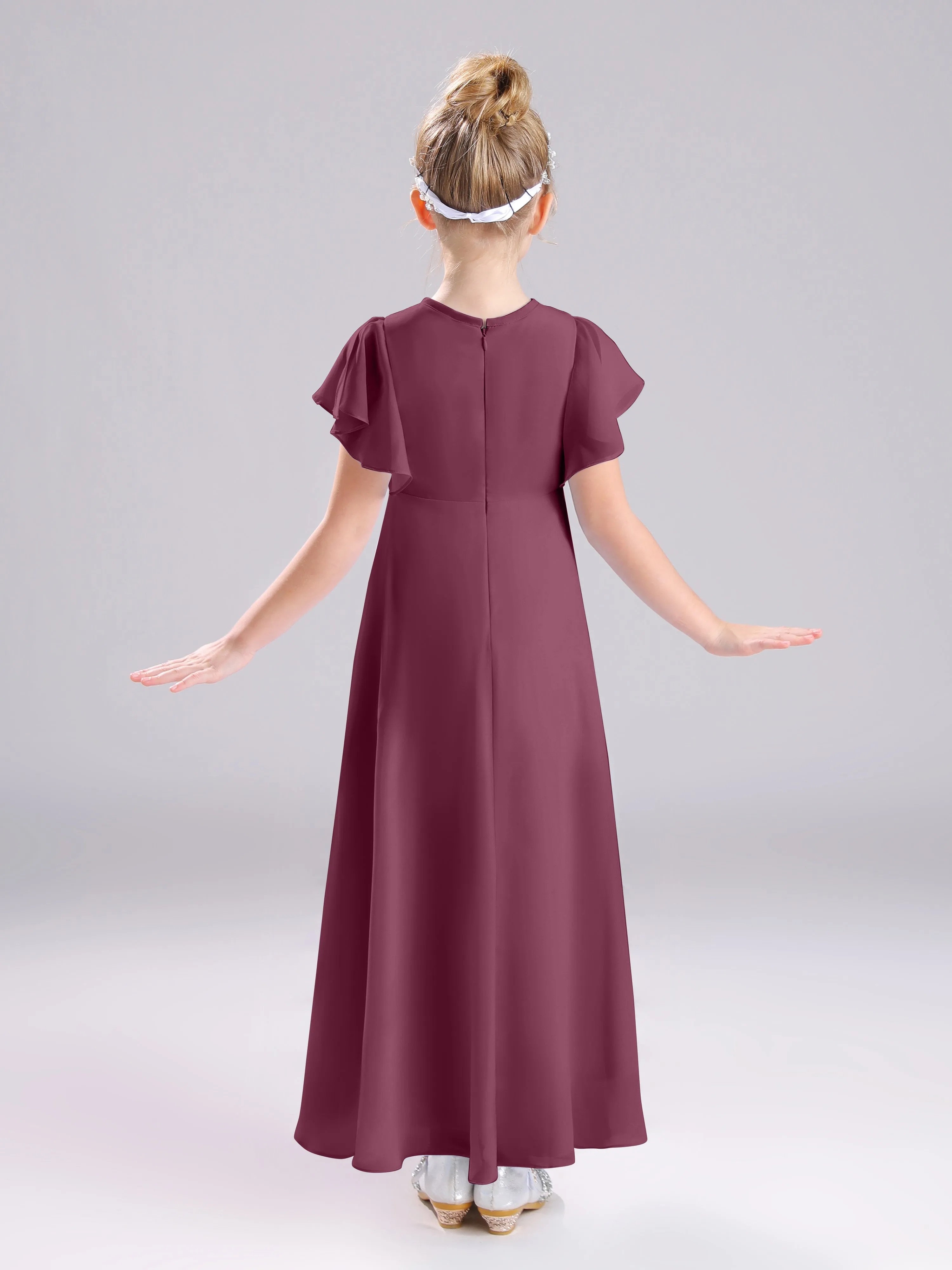 Ruffles Sleeves A-Line Long Chiffon Junior Bridesmaid Dresses