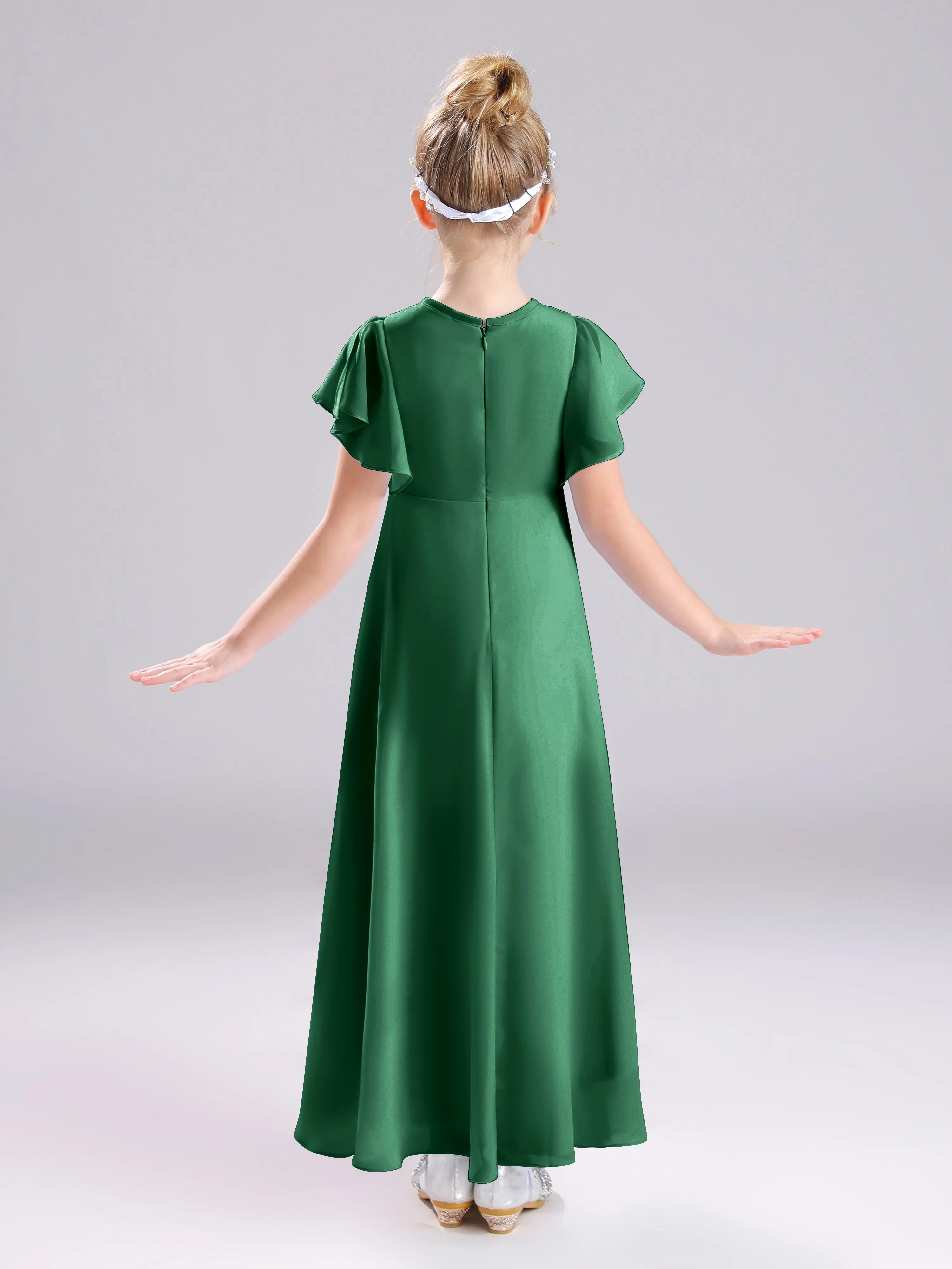 Ruffles Sleeves A-Line Long Chiffon Junior Bridesmaid Dresses