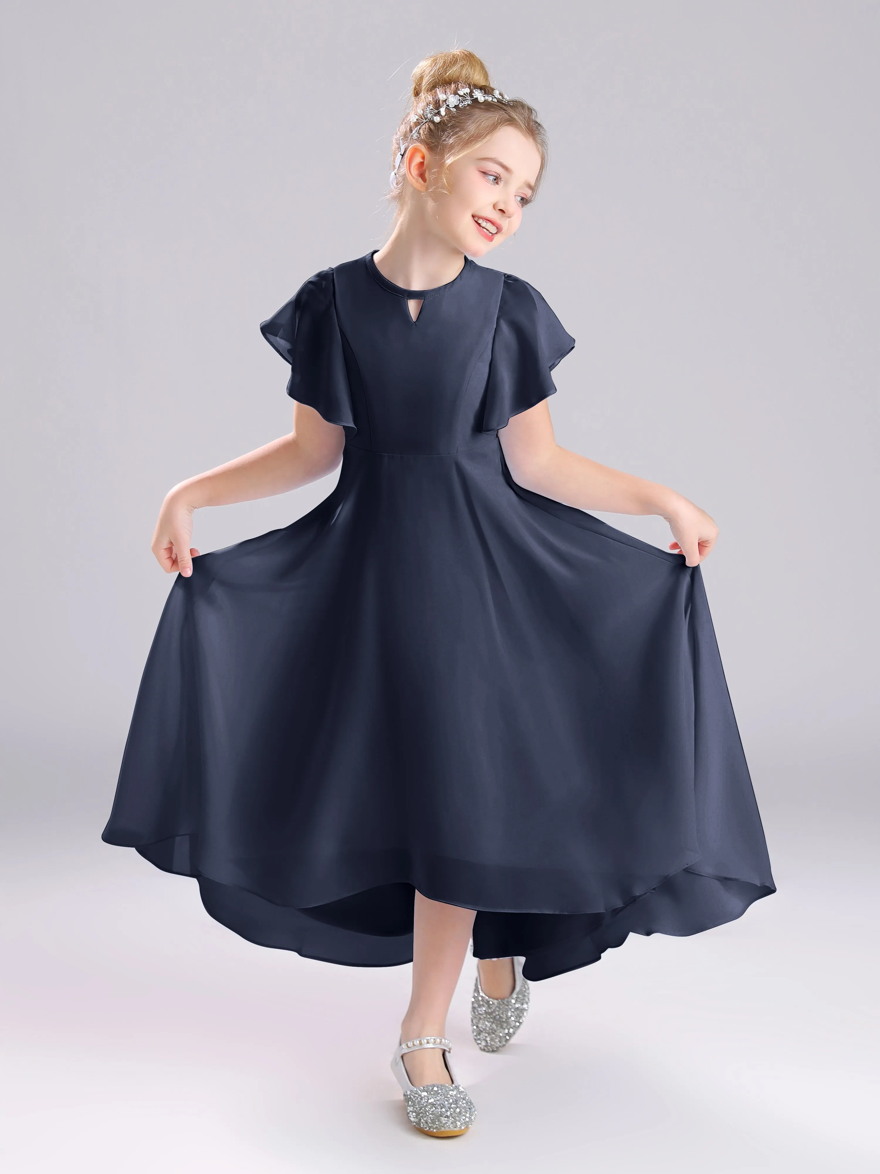 Ruffles Sleeves A-Line Long Chiffon Junior Bridesmaid Dresses