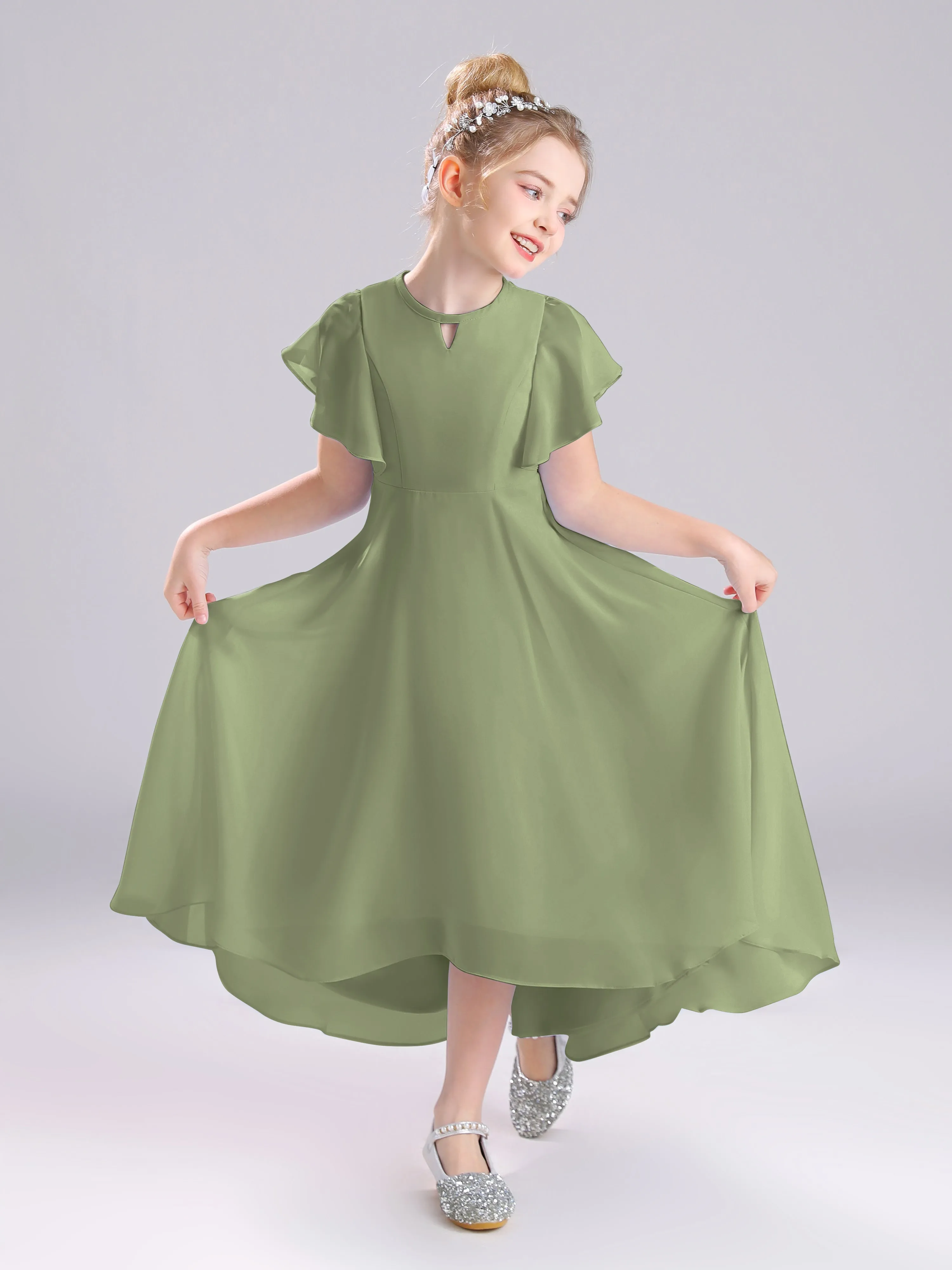 Ruffles Sleeves A-Line Long Chiffon Junior Bridesmaid Dresses