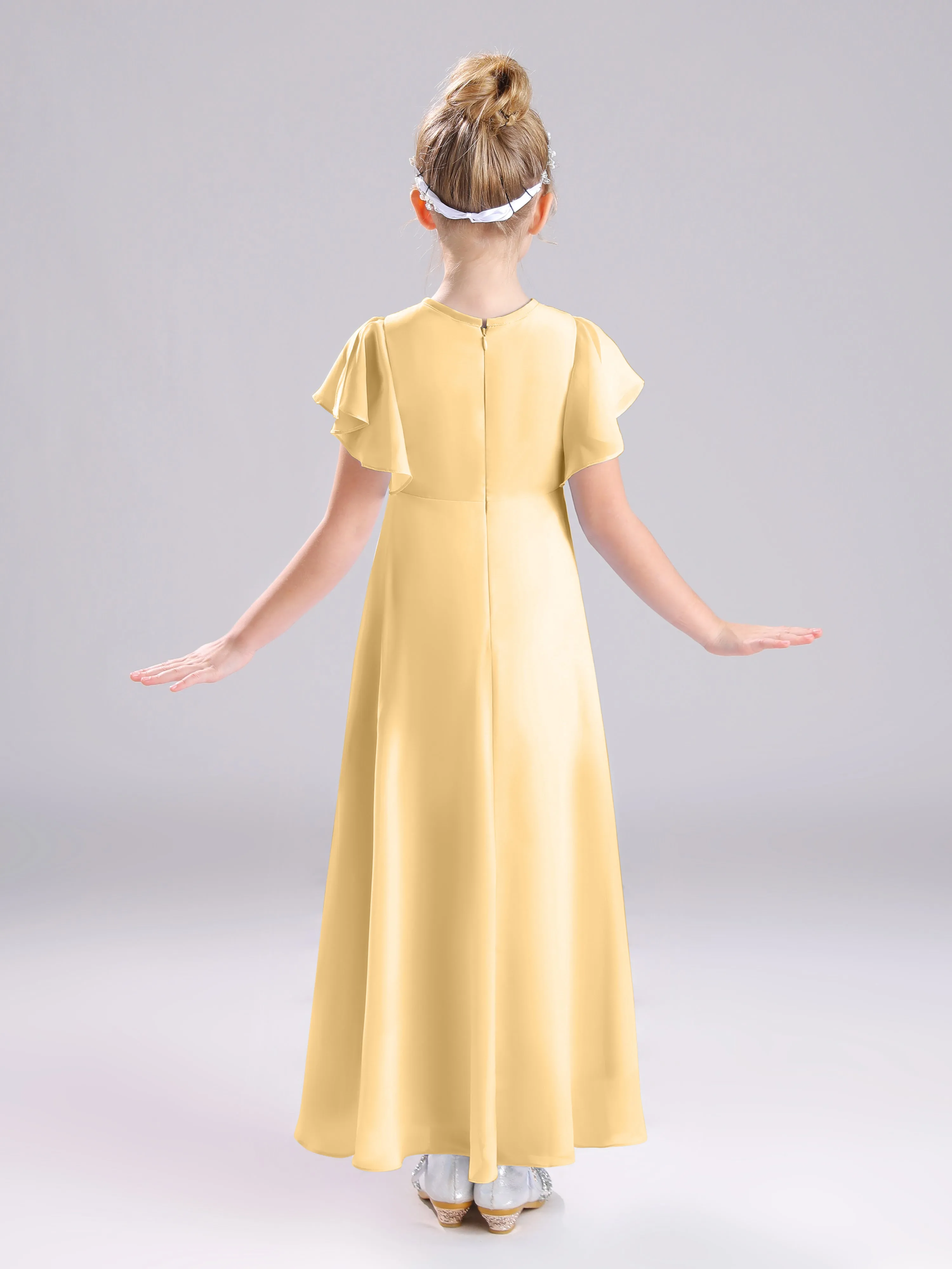 Ruffles Sleeves A-Line Long Chiffon Junior Bridesmaid Dresses
