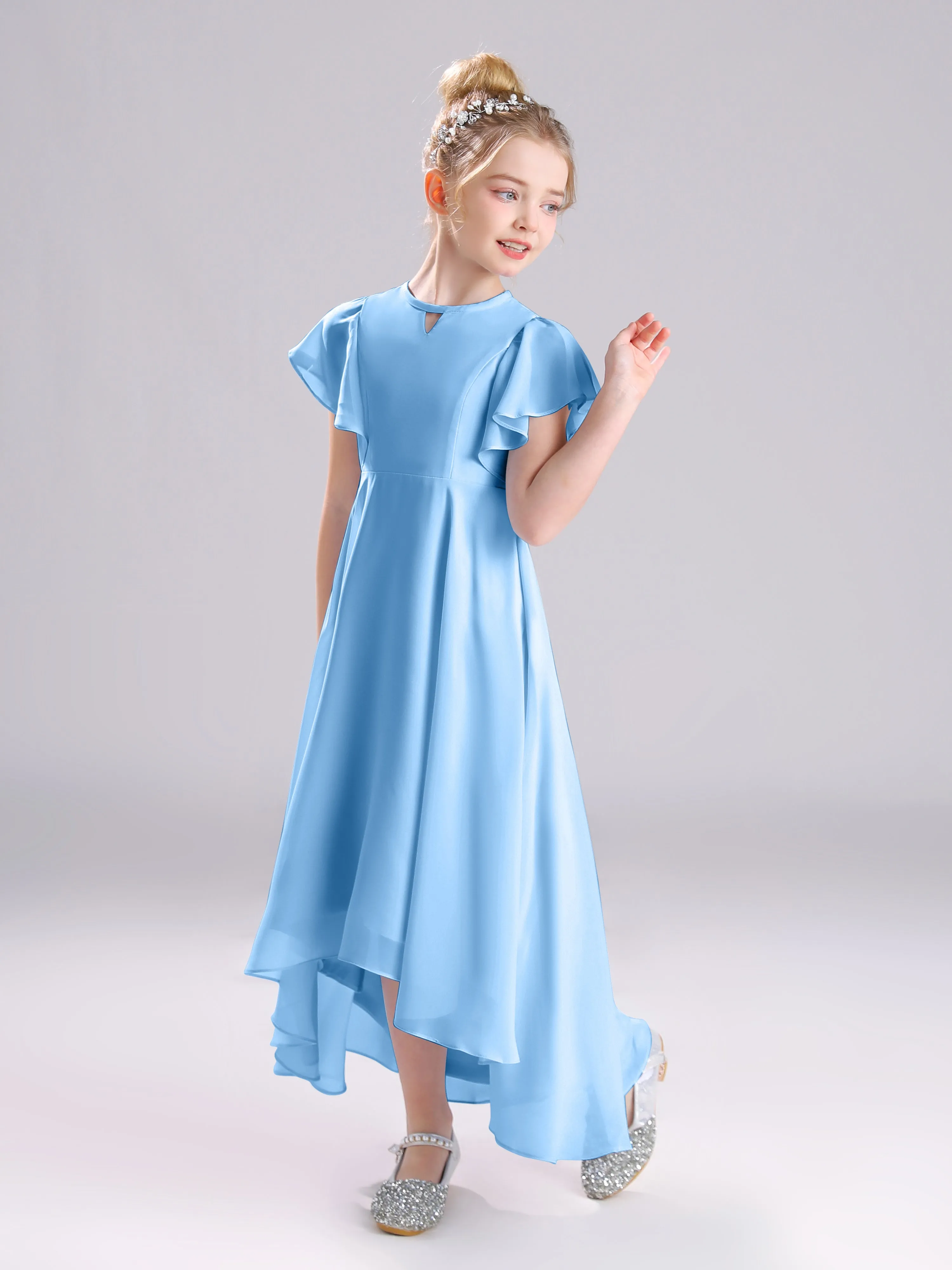 Ruffles Sleeves A-Line Long Chiffon Junior Bridesmaid Dresses