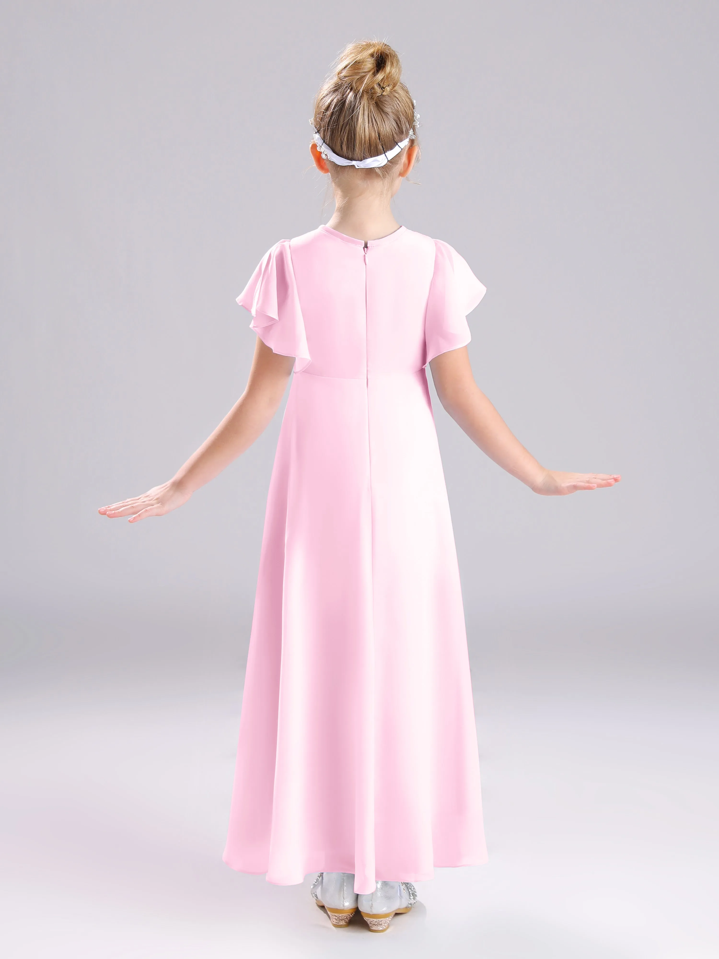 Ruffles Sleeves A-Line Long Chiffon Junior Bridesmaid Dresses