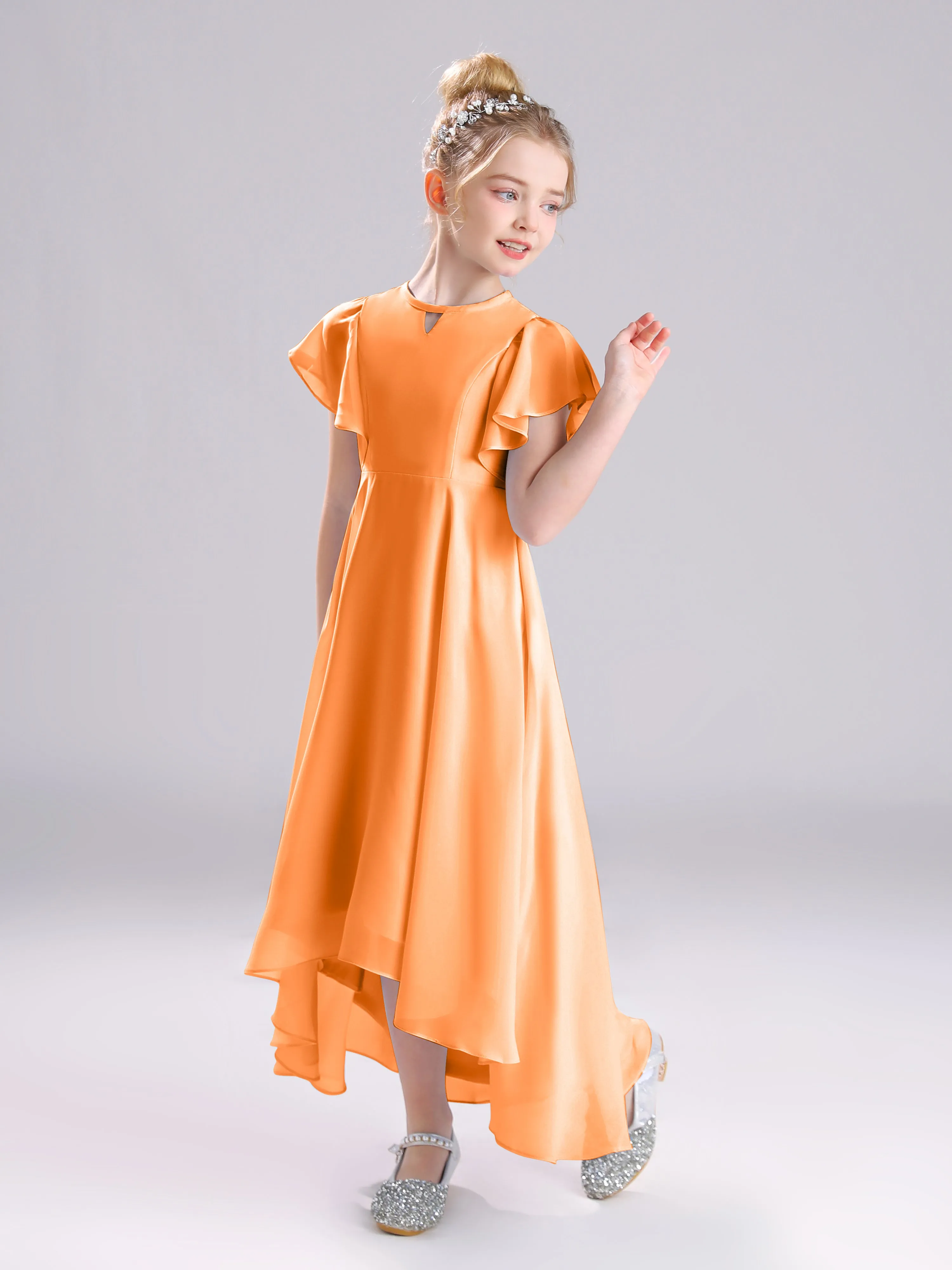 Ruffles Sleeves A-Line Long Chiffon Junior Bridesmaid Dresses