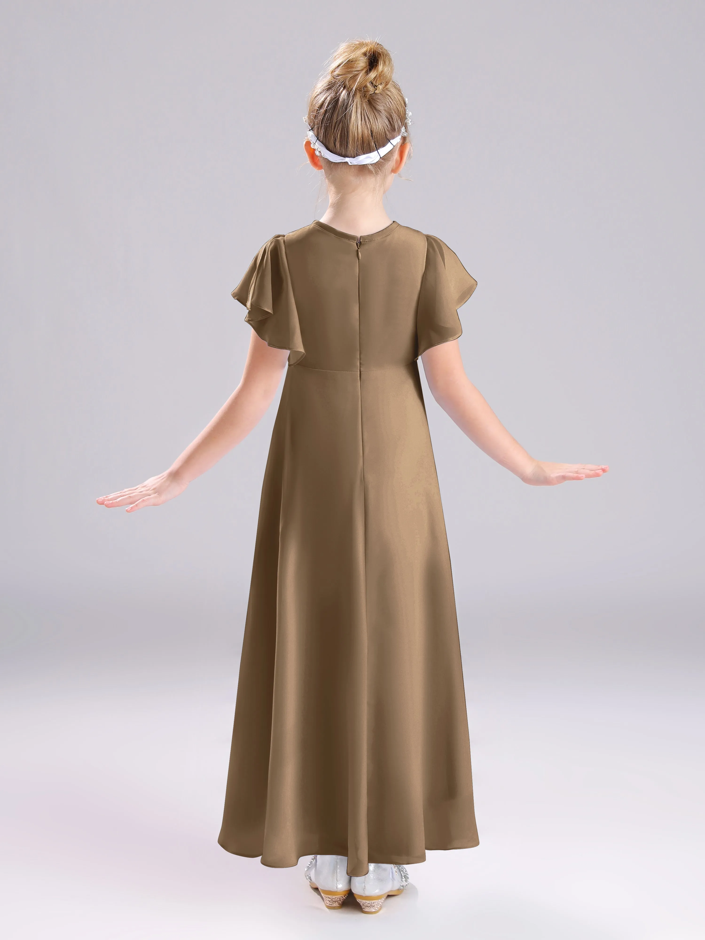 Ruffles Sleeves A-Line Long Chiffon Junior Bridesmaid Dresses