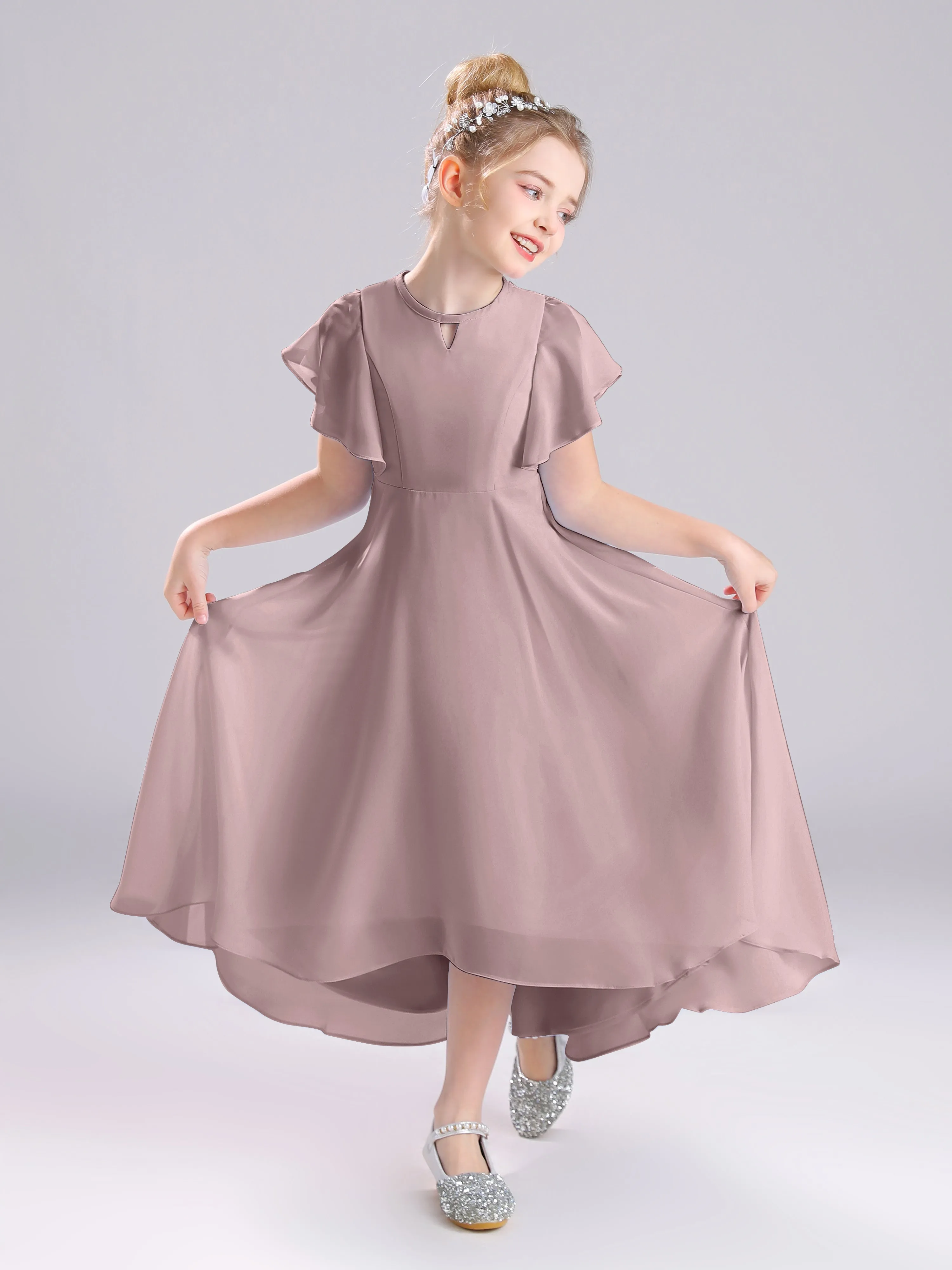 Ruffles Sleeves A-Line Long Chiffon Junior Bridesmaid Dresses