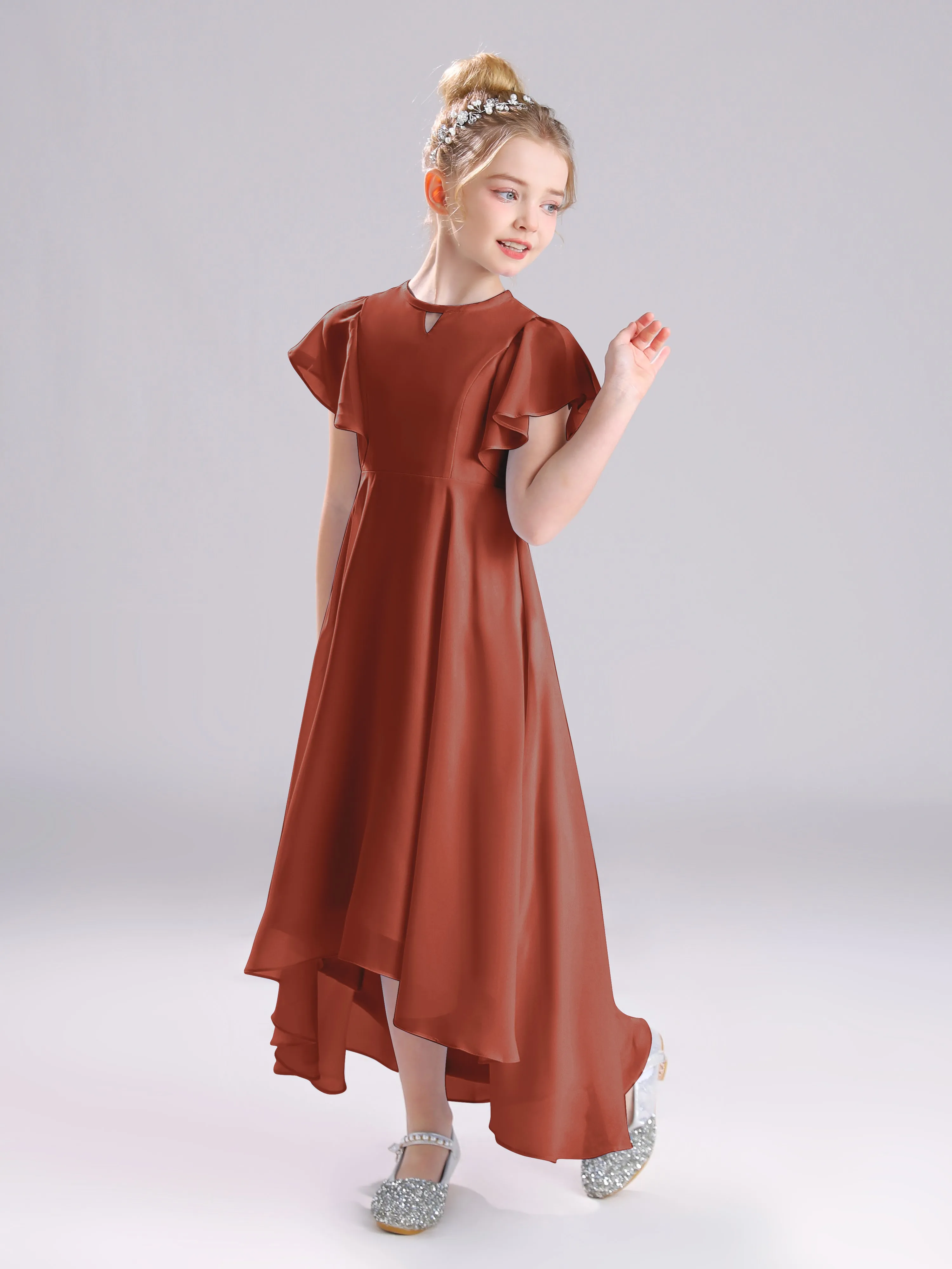 Ruffles Sleeves A-Line Long Chiffon Junior Bridesmaid Dresses