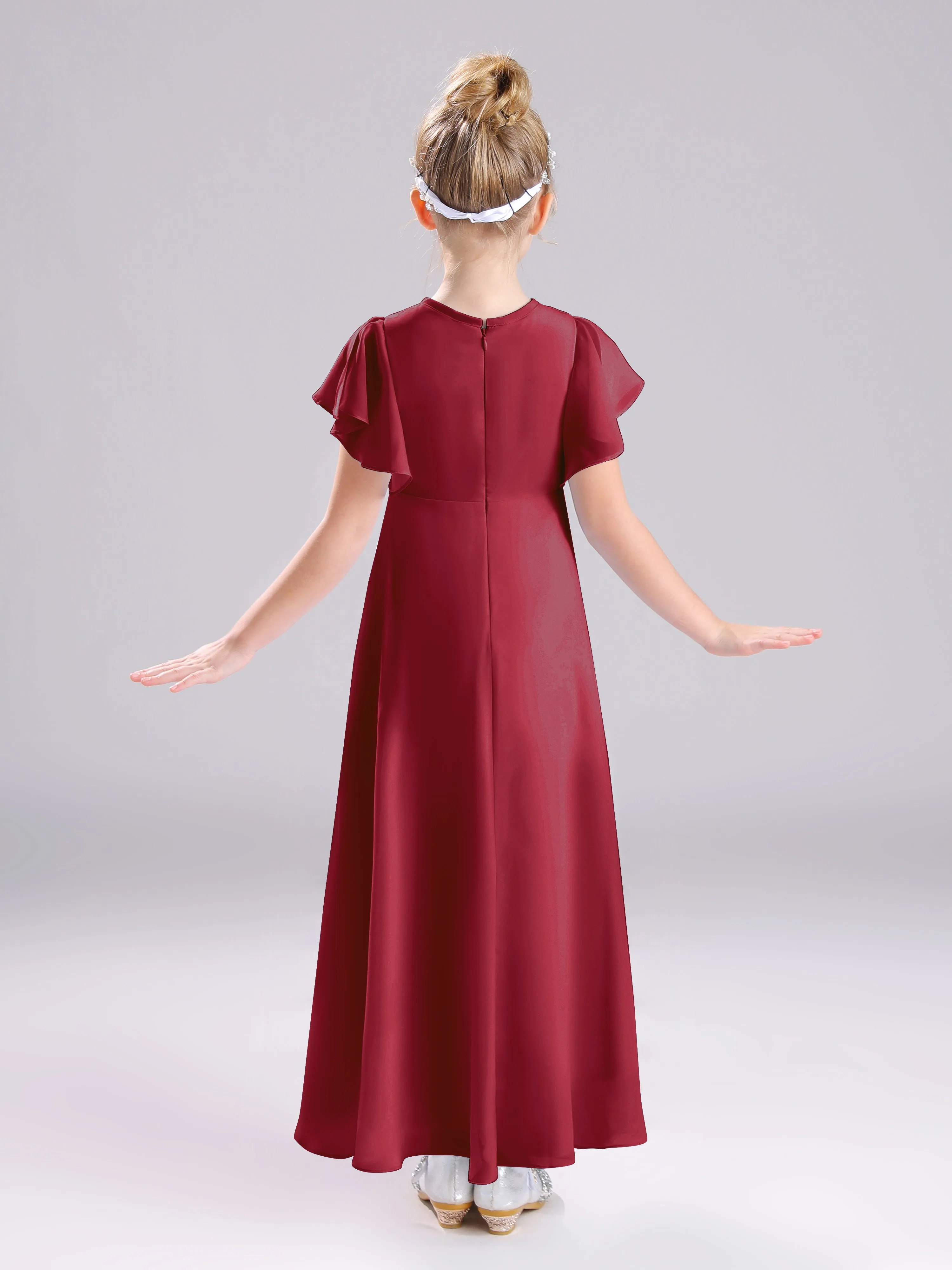 Ruffles Sleeves A-Line Long Chiffon Junior Bridesmaid Dresses