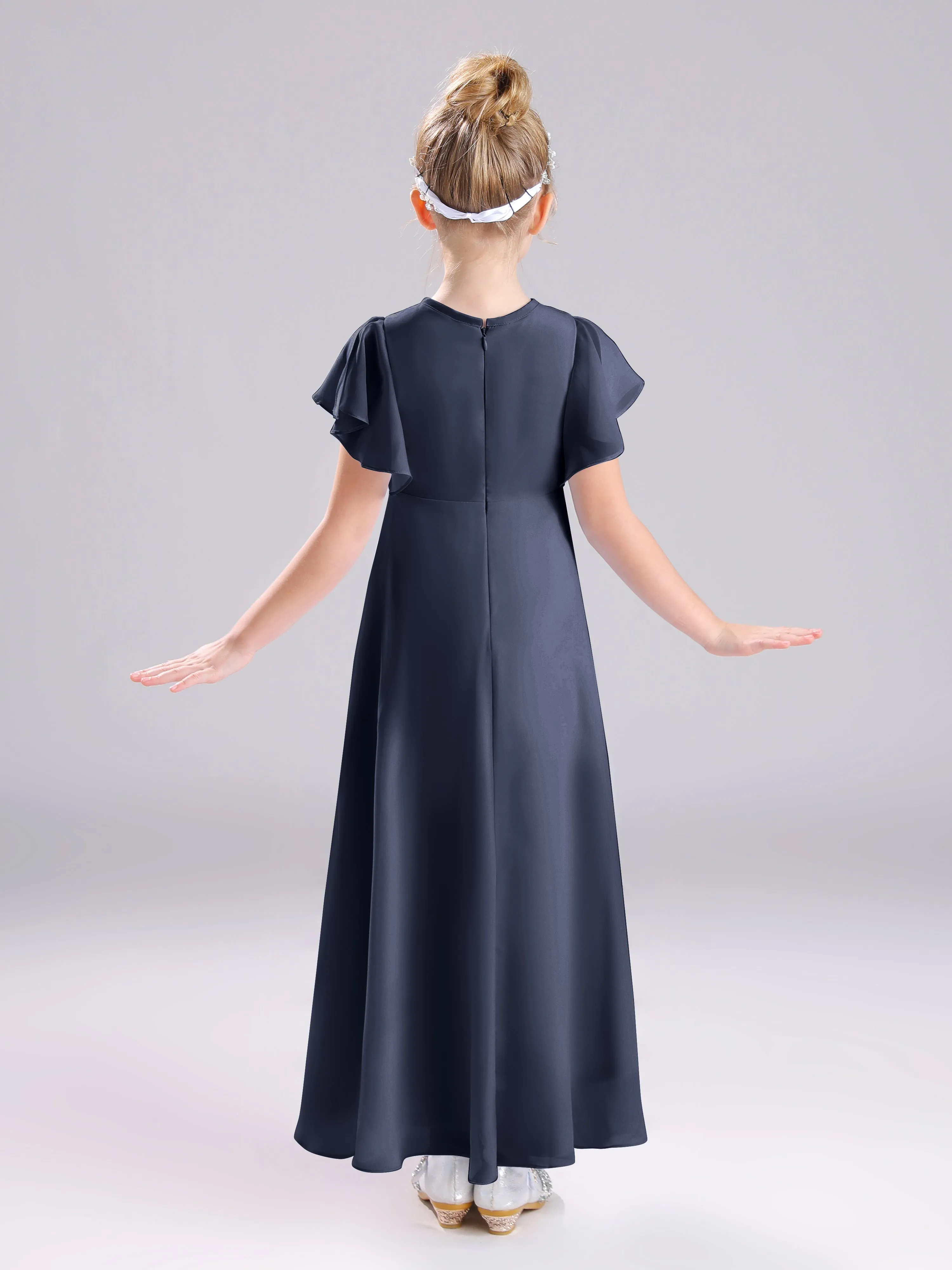 Ruffles Sleeves A-Line Long Chiffon Junior Bridesmaid Dresses