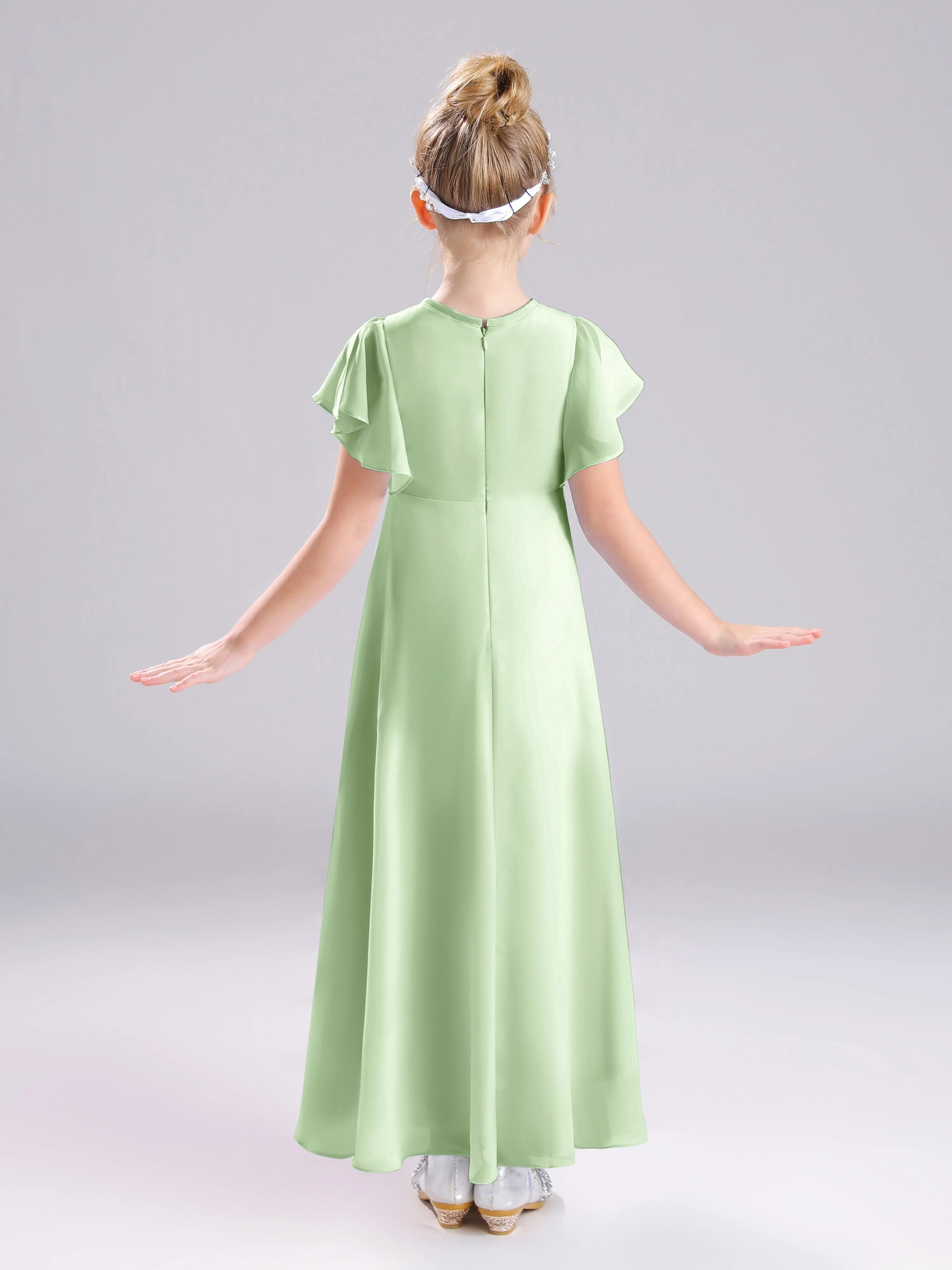 Ruffles Sleeves A-Line Long Chiffon Junior Bridesmaid Dresses