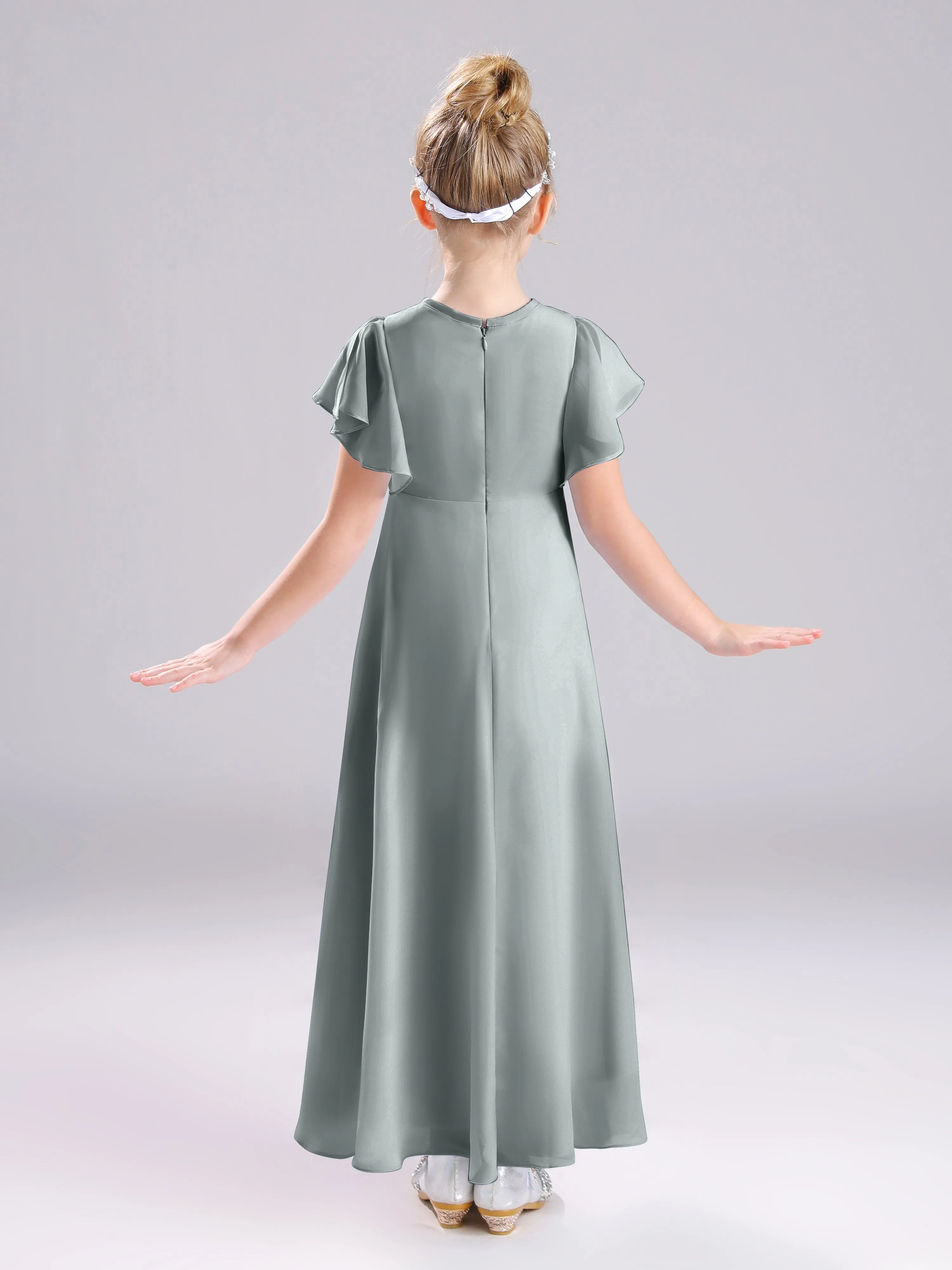 Ruffles Sleeves A-Line Long Chiffon Junior Bridesmaid Dresses