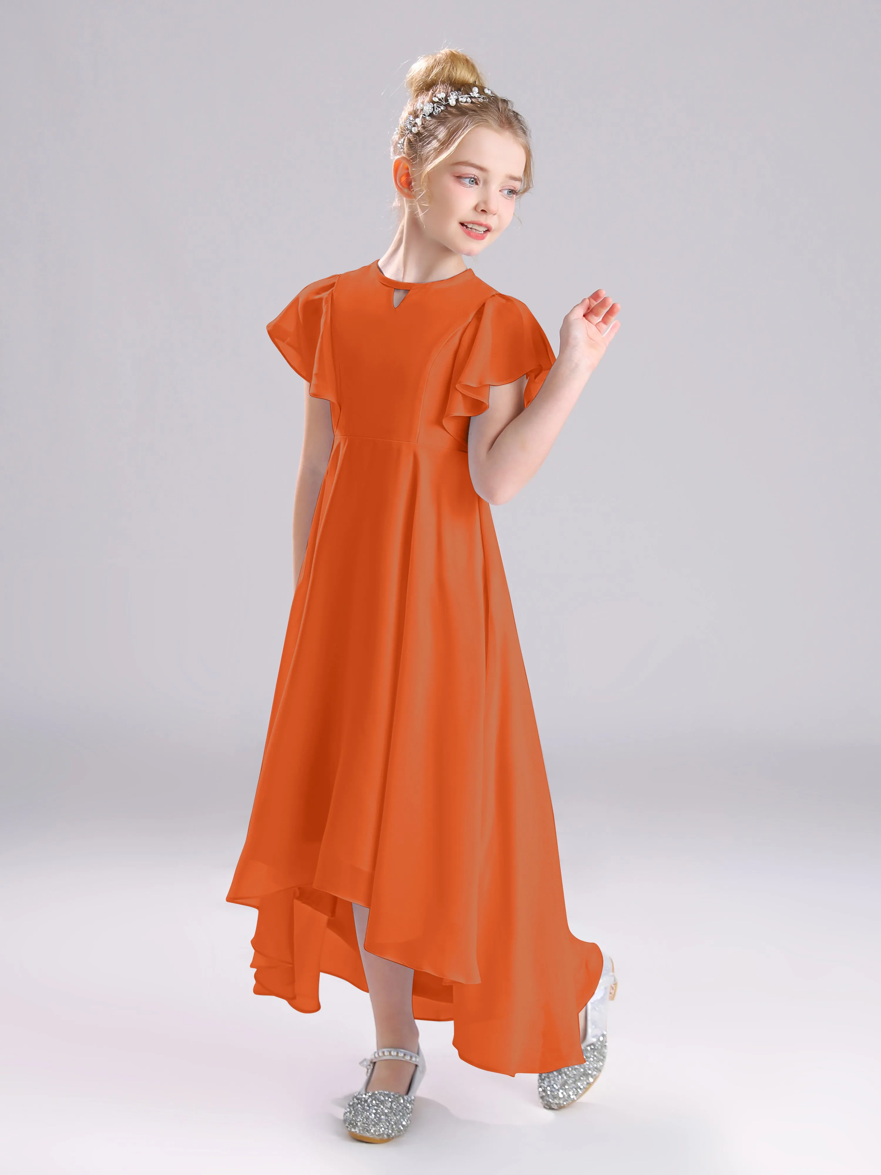 Ruffles Sleeves A-Line Long Chiffon Junior Bridesmaid Dresses