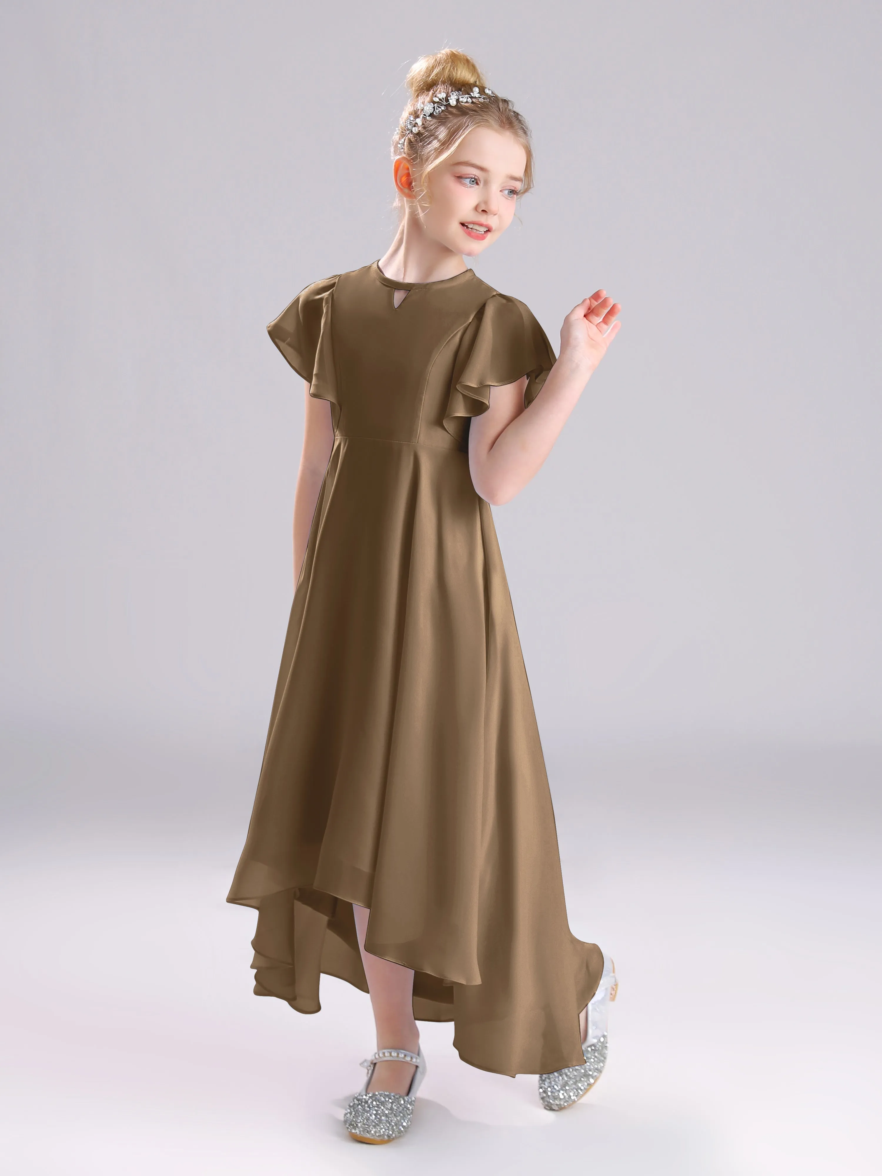 Ruffles Sleeves A-Line Long Chiffon Junior Bridesmaid Dresses