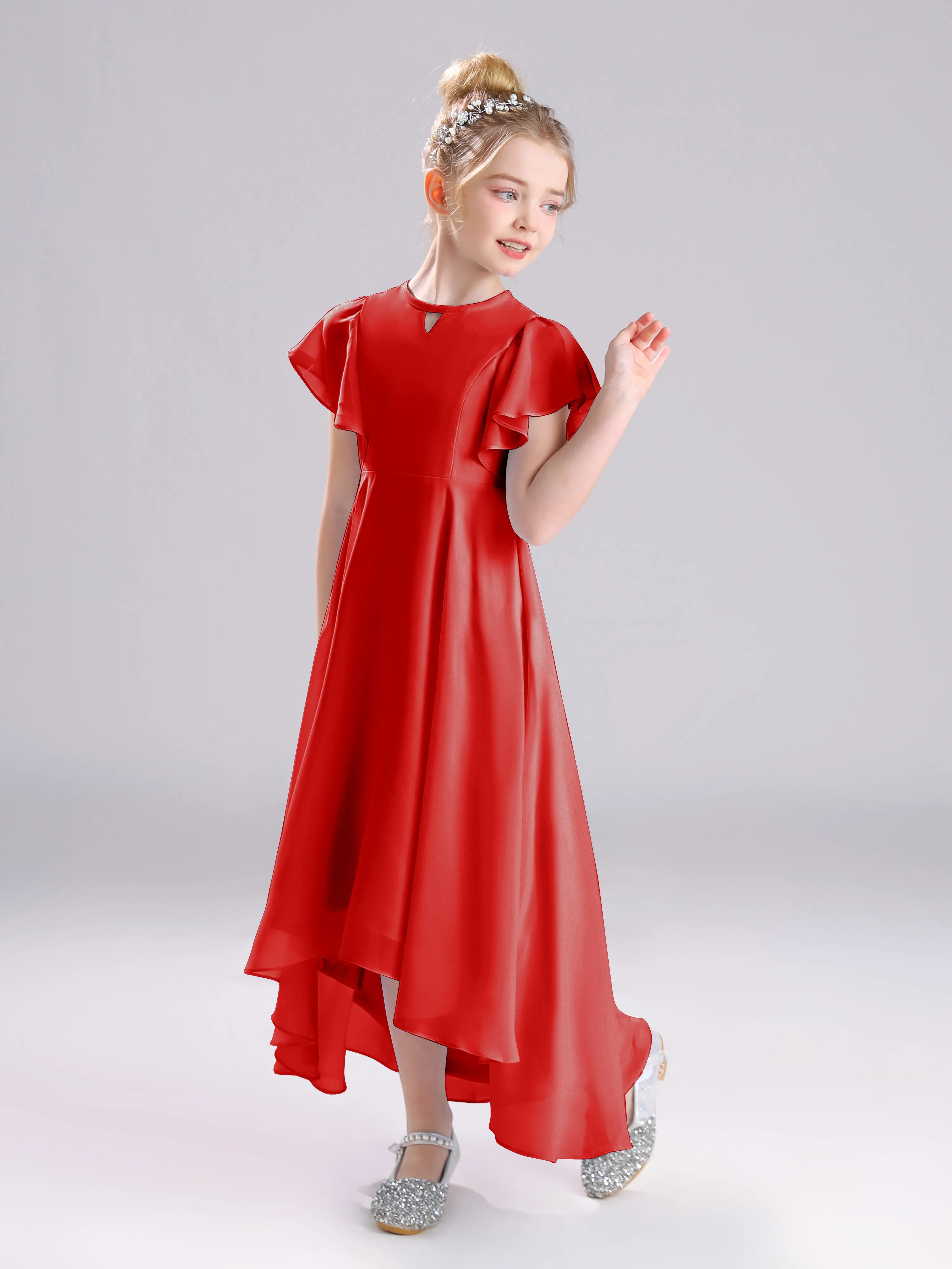 Ruffles Sleeves A-Line Long Chiffon Junior Bridesmaid Dresses